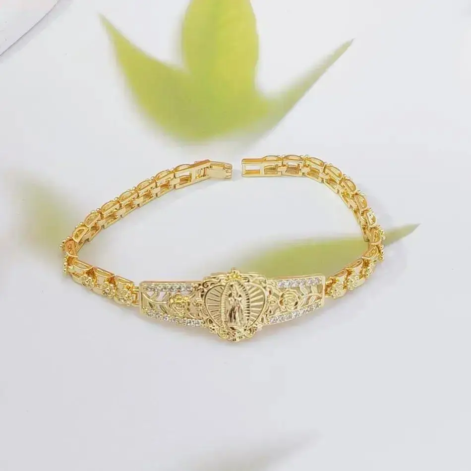 Women's Virgin Mary Gold Crystal Bracelet - Hypoallergenic Non Tarnish Jewelry, Crystal Inlay Filigree Chain Link, Religious Faith Medal Accessory for Women, Summerween Aesthetic Gift, Crystal Bracelets, Accessories For Women