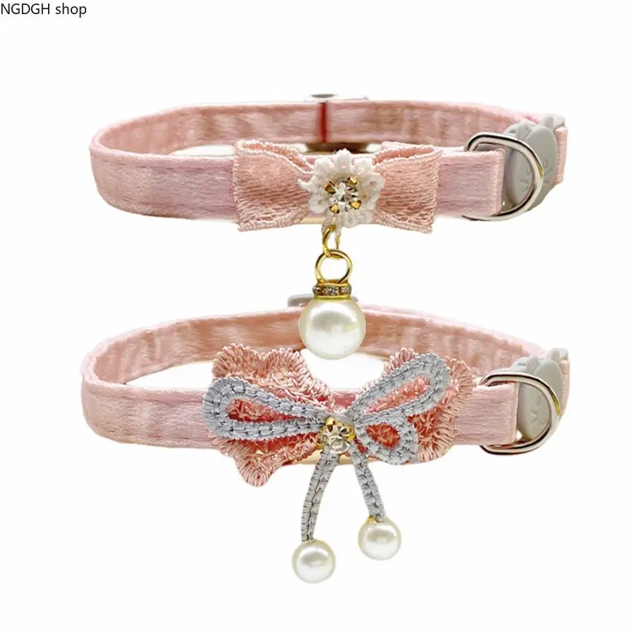 Pink Velvet Cat Collar - Beaded Bow, Pearl Charm, Bell Accent, Adjustable Luxury Kitten Accessory for Daily Wear
