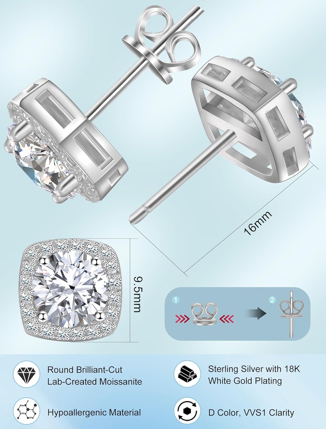 THE WELL KEPT Moissanite Stud Earrings, VVSI Quality D Color Round Cut, Lab Created 925 Sterling Silver with 18K White Gold Plated, Double Halo Design – Idea Gift for Women Men