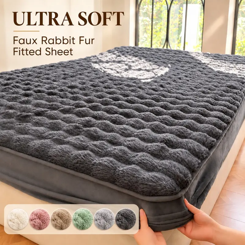 Premium Faux Rabbit Fur Fitted Sheet, Soft Fluffy Plush Warm Solid Color Bedding with Elastic Deep Pocket, Cozy Skin-Friendly Machine Washable Mattress Cover for Bedroom, College Dorm, Apartment, Hotel, Guest Room and Holiday Home, Multiple Sizes