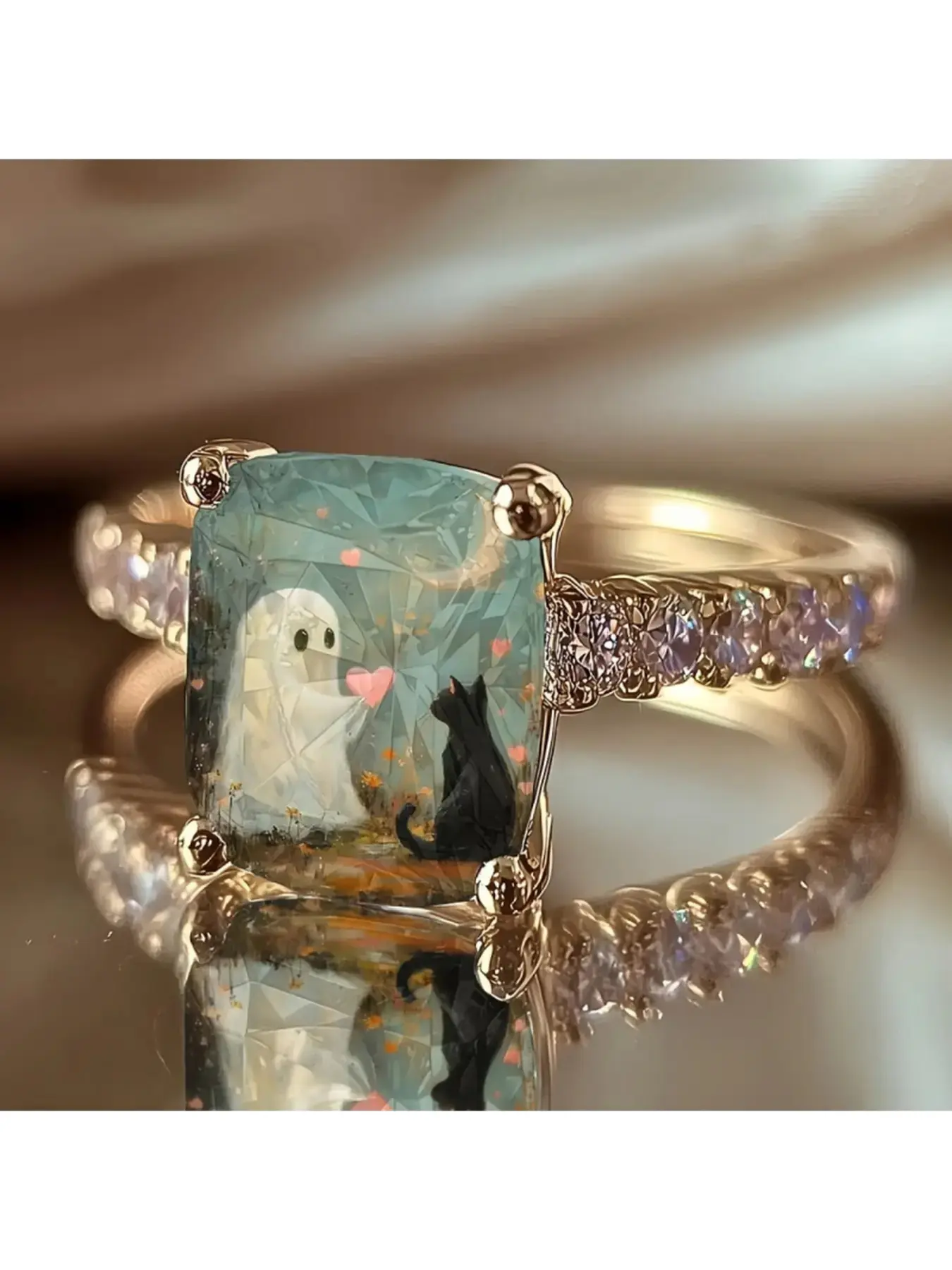Light Luxury Gold Paved Ghost And Black Cat Love Heart Oil Painting Style Square Decorative Ring, Retro Healing Fashion Jewelry For Daily Styling Matching, Gift For Girlfriends & Sweet Lovers, Fashion Rings