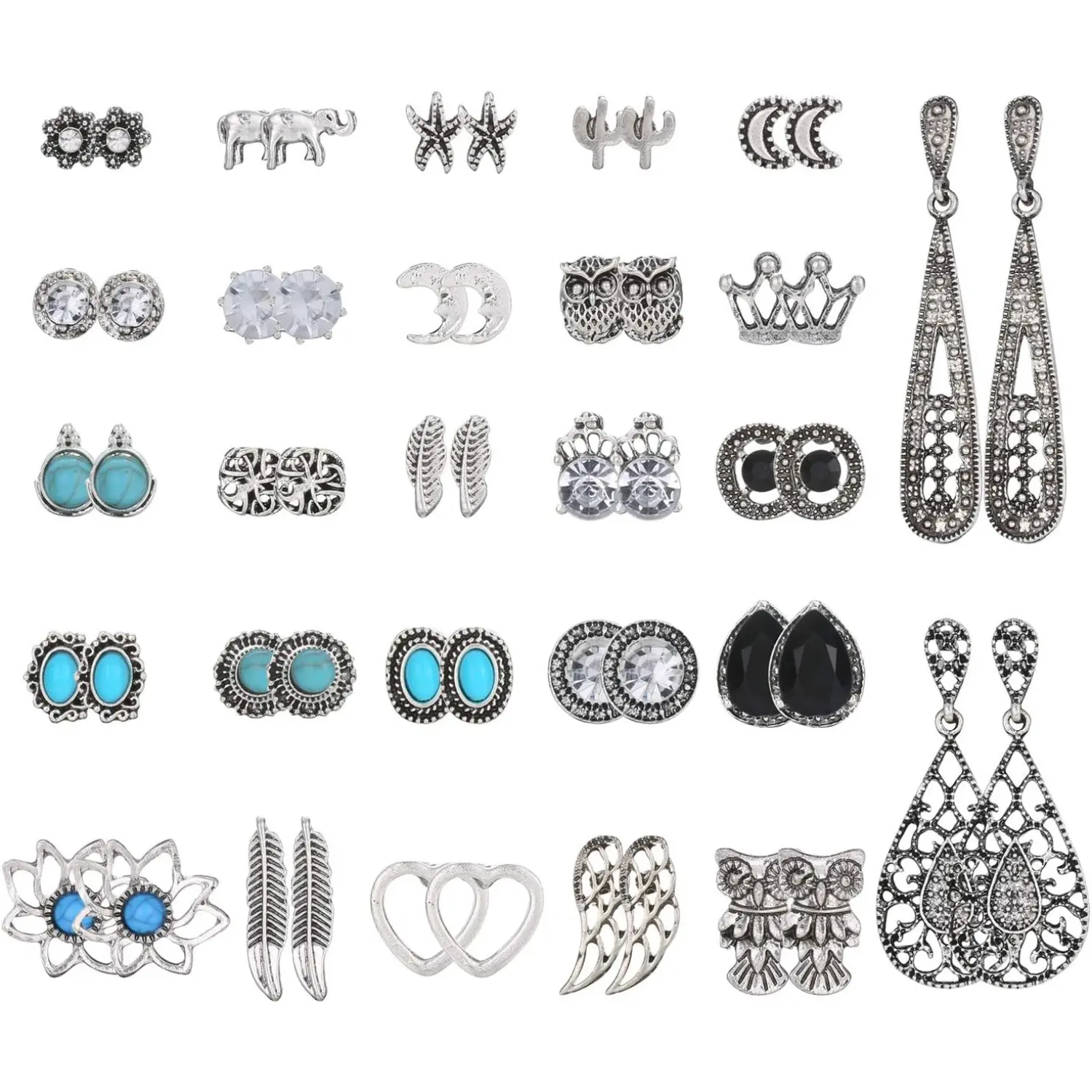 27 Pairs Bohemian Stud Earrings Set for Women, Turquoise Leaf Moon Starfish Heart Earrings, Vintage Elephant Owl Teardrop Dangle Earrings