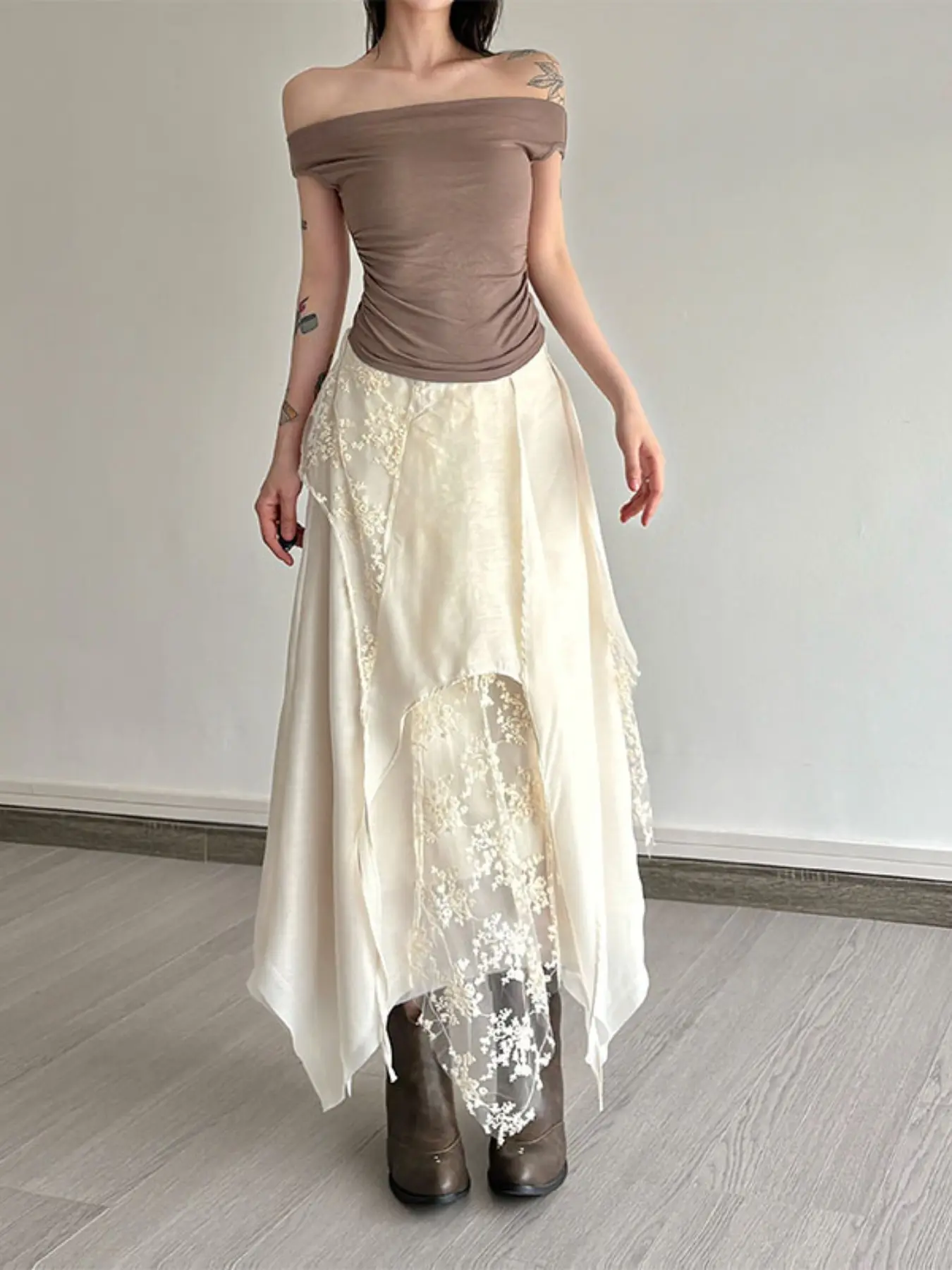 Whimsigoth Fairy Grunge Floral Lace Maxi Skirt, High Waist Sheer Embroidery, Asymmetrical Hem, Boho Streetwear, Elegant, Midi Length, Chic Boho Style