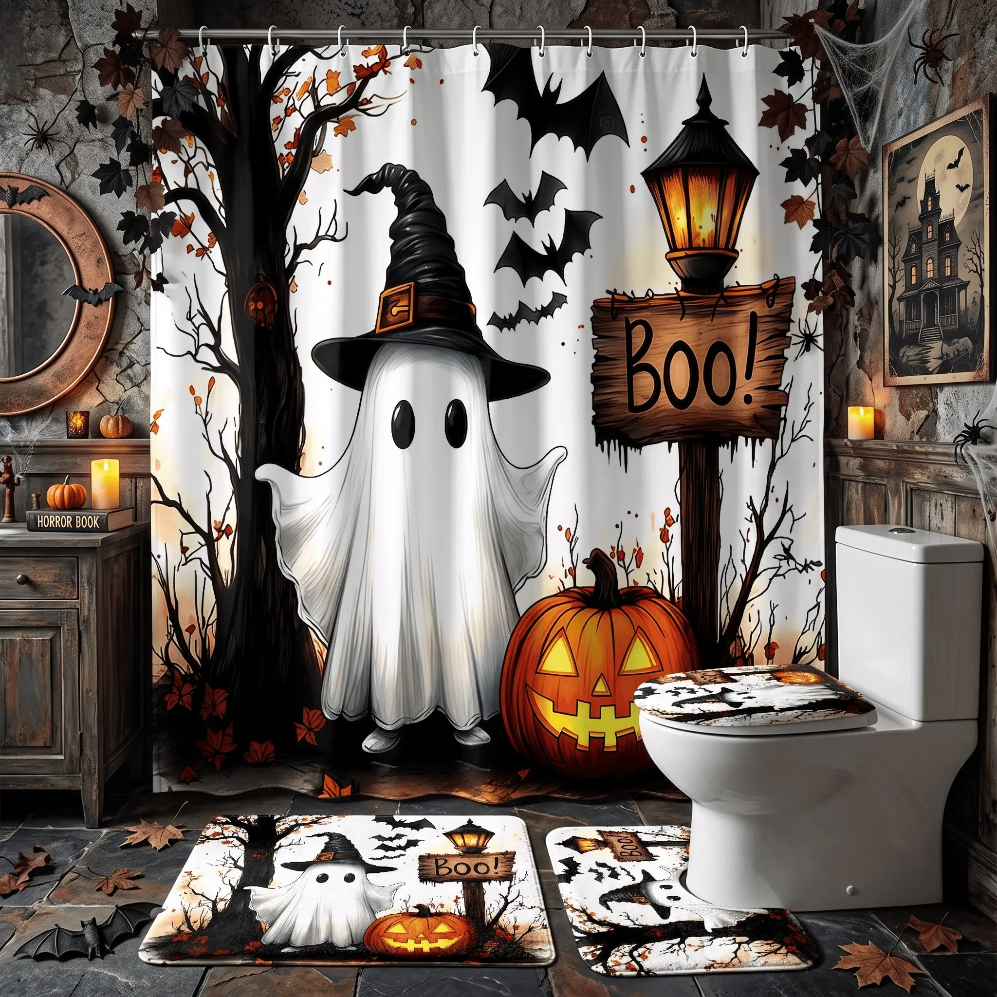 4pcs Halloween Shower Curtain Set 4 Pcs, Cute Ghost with Witch Hat, Pumpkin Lamp, Boo Sign, Bats, The floor mat fabric is thicker and softer! Autumn Trees, Spooky Season Decor