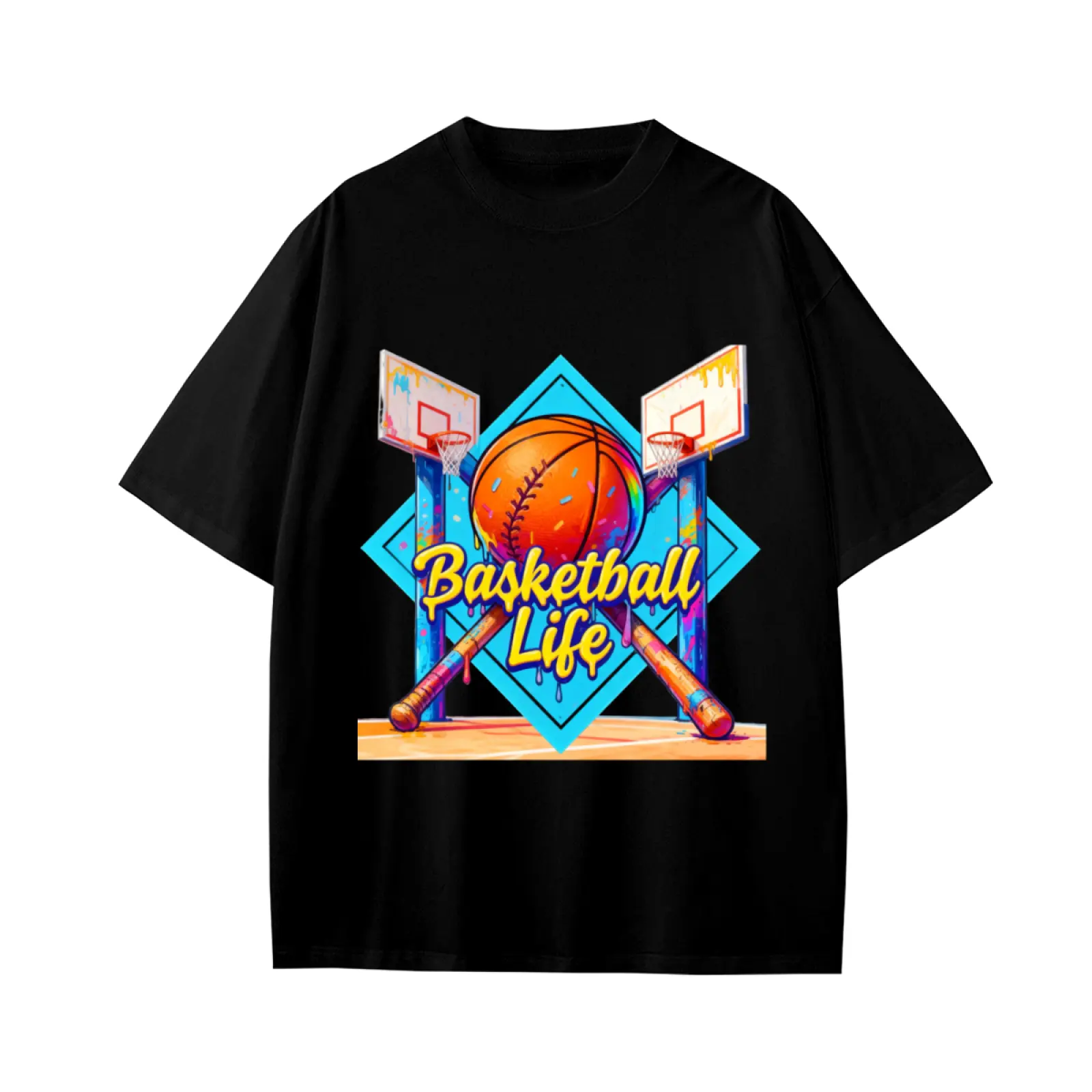 Basketball Life Graffiti Art Print Design Kids Short Sleeve T-Shirts Cotton Soft Breathable Crewneck Tees for Boys Girls, Loose Fit Comfortable Basic Tops for 6-15 Years Summer School Casual Wear Black 120(XS)
