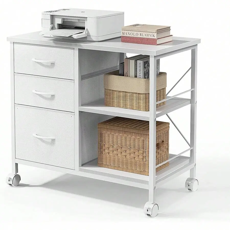 3-Tier Mobile File Cabinet, Printer Stand With Storage, Office Table With Drawers And Back Support Bar, Holds 110lb Home Office