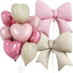 Cream Heart Balloons,  Bow Balloons, 10 count 38 Inch Large Bow Foil Balloon and 18 Inch Heart Balloon for Girls Women  Shower Birthday Valentines Bridal Shower Wedding Party Decorations