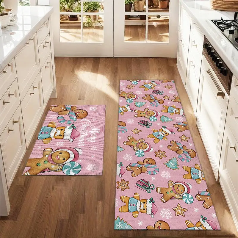 2pcs Christmas Gingerbread Man Pink Background Floor Mat Set Farmhouse Kitchen Carpet Restaurant Floor Laundry Room Decoration Carpet Mat
