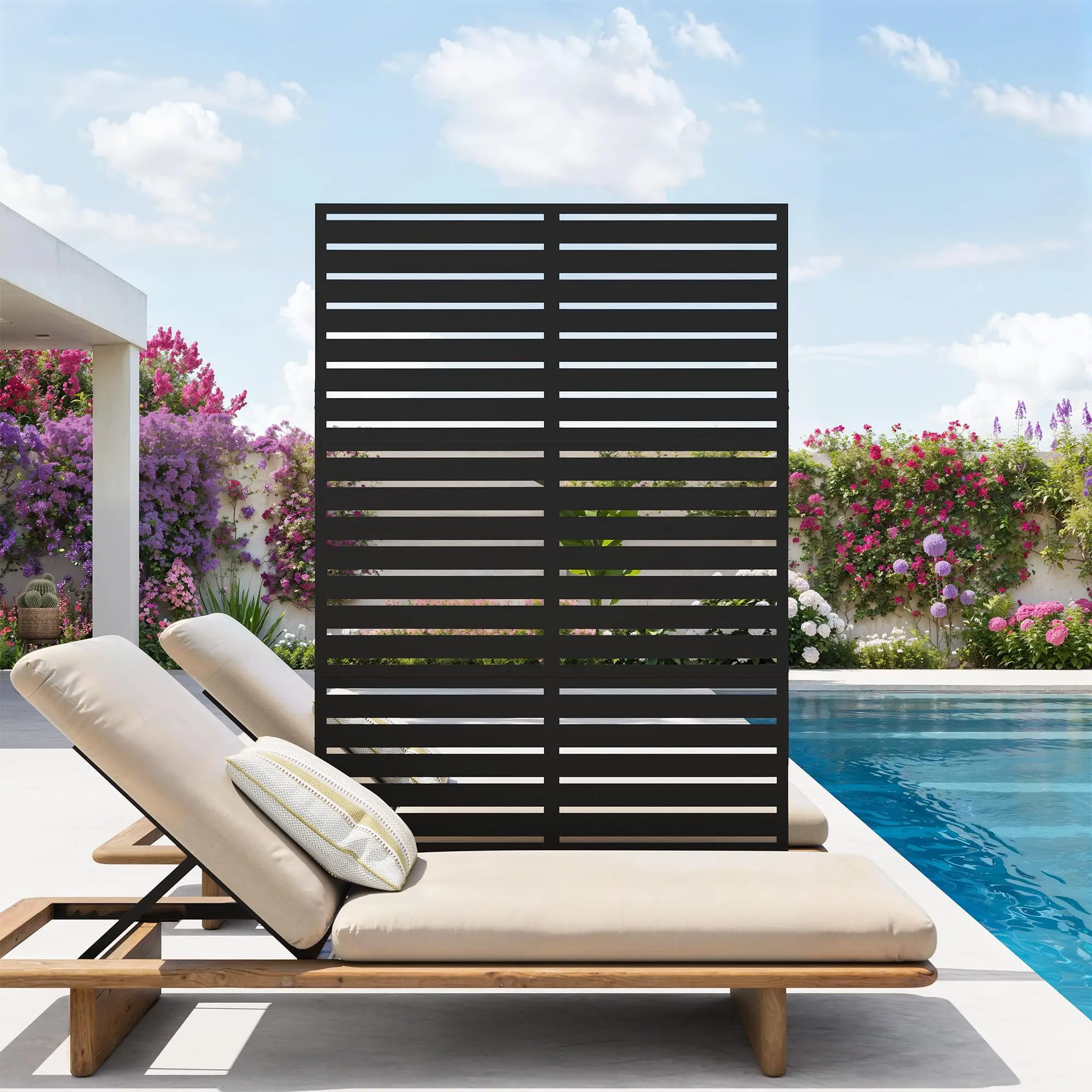 Black 72Hx47W Inch Freestanding Metal Privacy Screen 6FT Decorative Fence Panel with Stand Room Divider for Patio Garden Yard Balcony Deck