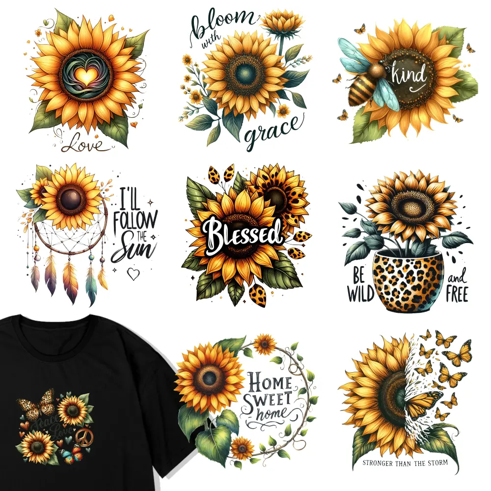 9 Pcs Sunflower Designs Iron on Transfers Washable heat transfer stickers Hoodie DIY Crafts Transfers Sticker On Clothes iron on decals Iron On Transfer Patches Press Washable Stickers