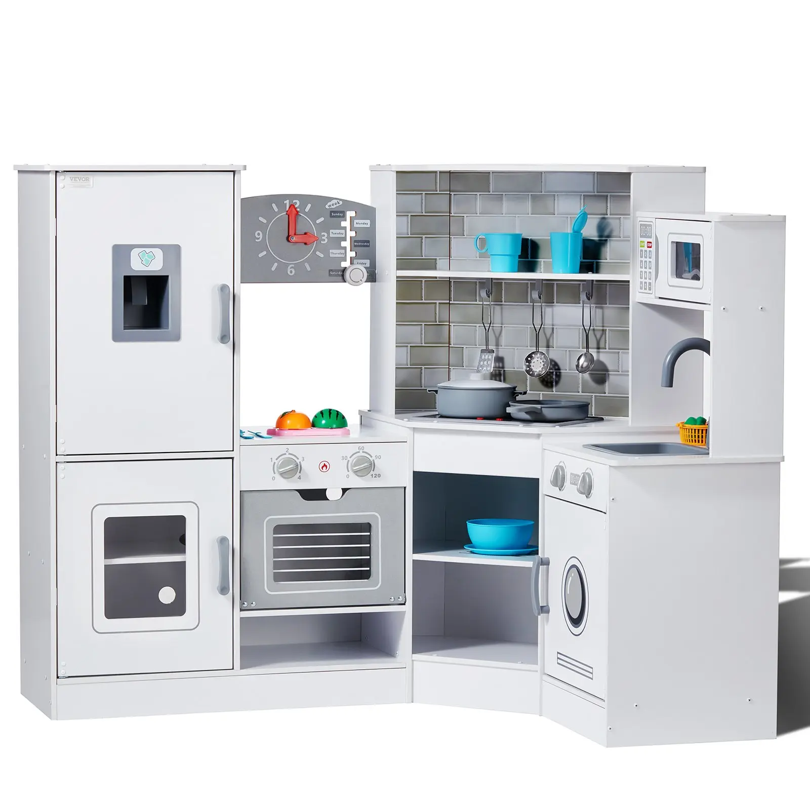 Corner Wooden Play Kitchen, Toy Set with Lights and Sounds, Toddler Kitchen with Ice Maker, Oven, Sink, Clock, Microwaves, Refrigerator and Accessories, for Toddlers, Preschoolers, White