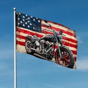 [Patriotic Motorcycle Flag] Three-Sided Edge Single Seam Binding Process, 1pc, 1 Motorcycle Welcome Flag - Patriotic American Flag Design with Classic Motorcycle Graphics, Made of Durable Polyester Fiber, Suitable for Indoor And Outdoor Decoration, Perfec