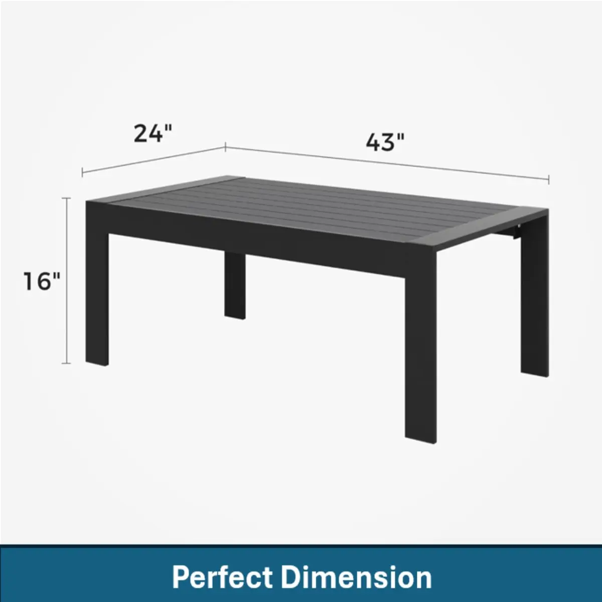 43" Modern Black Rectangle All-Weather Aluminum Patio Coffee Table - Indoor-Outdoor Leisure Furniture for Sports & Outdoor Recreation