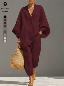 Relaxed Linen Two-Piece Set, V-Neck Batwing-Sleeve Top, Cuffed Lantern Pants, Loose Fit, Breathable, Versatile for Work and Leisure