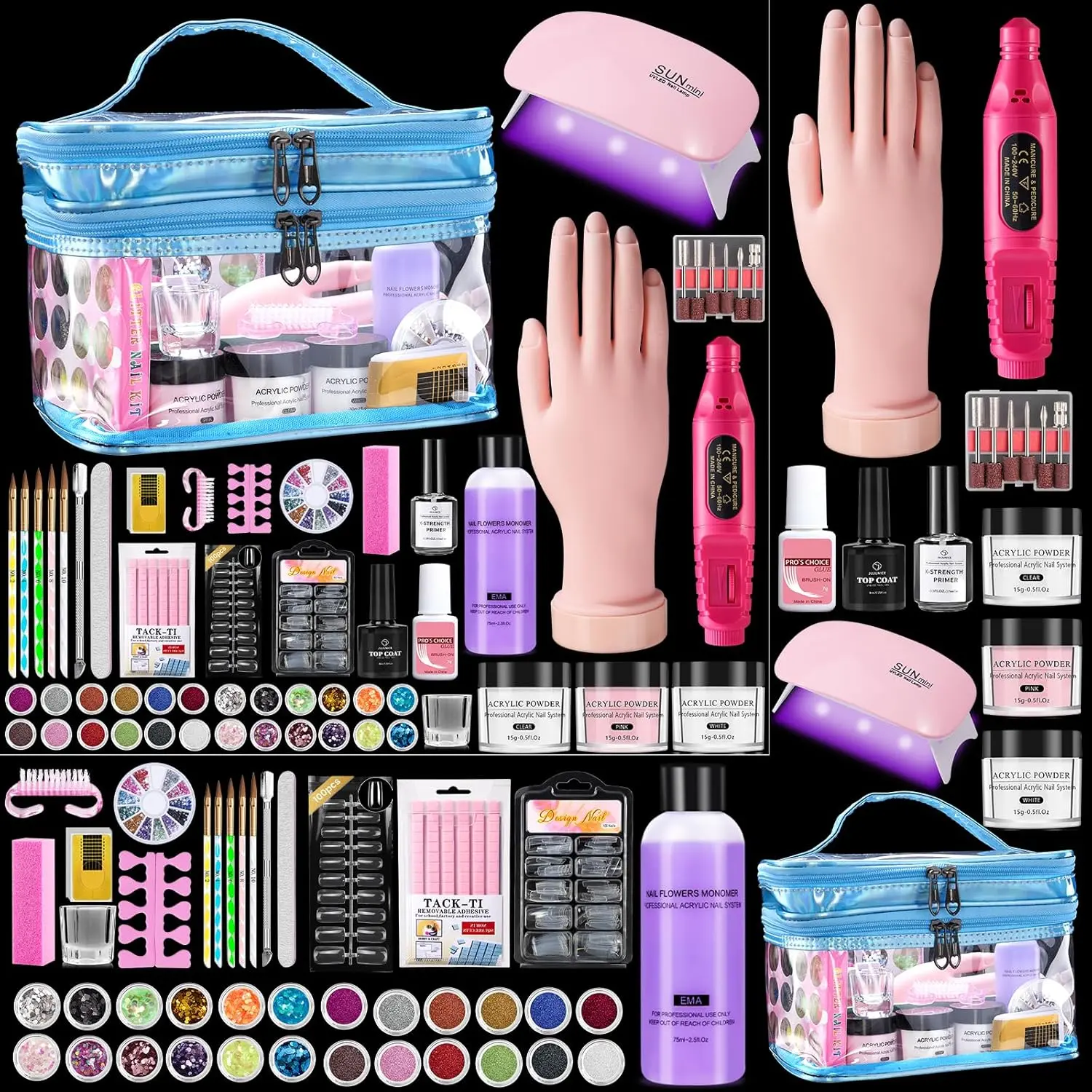 Beginner Manicure Kit with Glitter Nail Art Supplies, Professional Acrylic Powder-Liquid Set, French Tools, UV Light, Nail Drill, Practice Hand, Storage Cosmetic Bag (Blue)