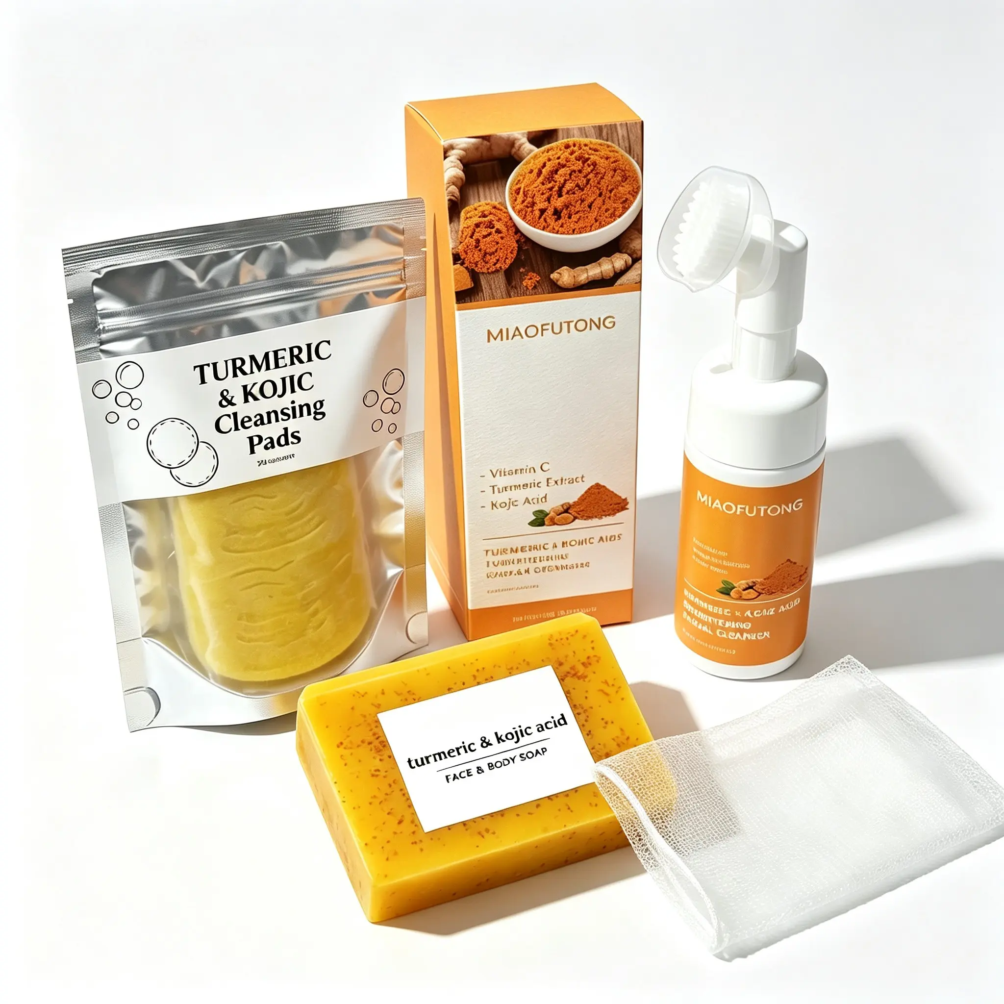 Turmeric Facial Cleanser Set, Foaming Cleansing Milk with Brush, Brightening Soap, Exfoliating Pad, Daily Face Care Kit