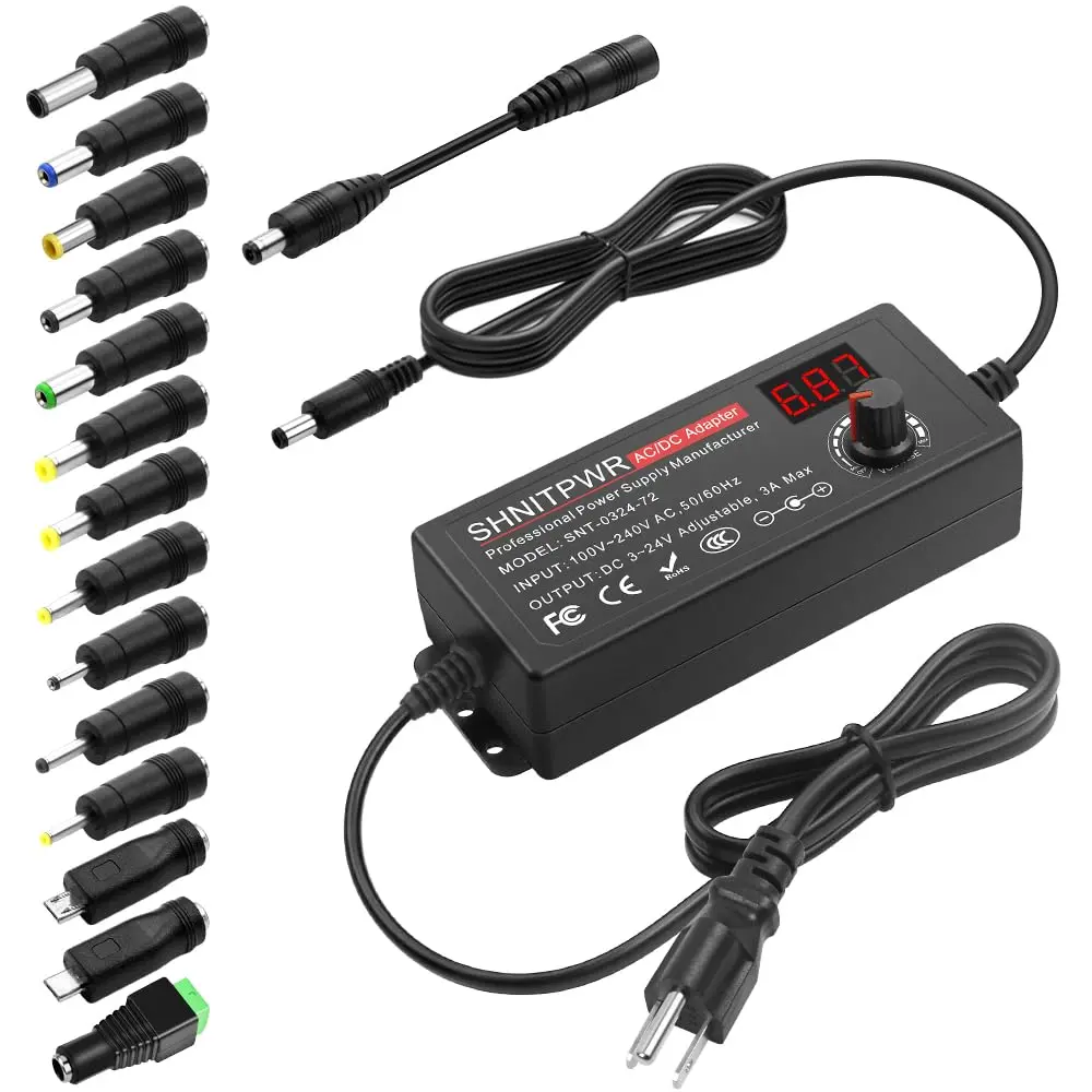 3V ~ 24V 3A 72W Power Supply Adjustable DC 3V 5V 6V 9V 12V 15V 16V 18V 19V 20V 24V Variable Universal AC/DC Adapter 100V-240V AC to DC Converter with 14 Tips 5.5x2.5mm 4.0x1.7mm 3.5x1.35mm