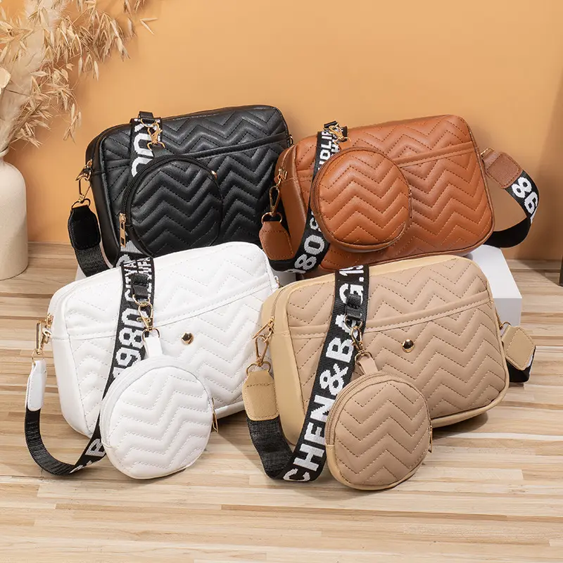 Quilted Crossbody Bag Set for Women, Mini Shoulder Purse with Matching Round Pouch, Adjustable Strap Small Handbag for Everyday Style