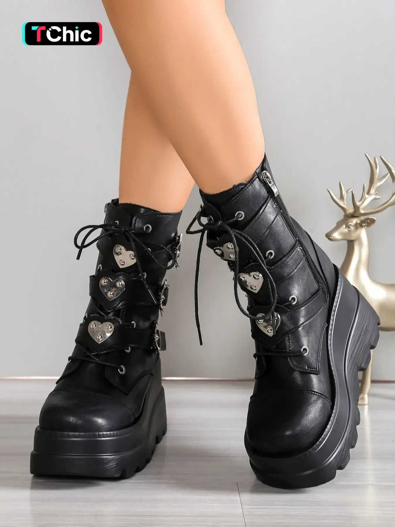Women's Thick Sole Rubber Sole Punk Combat Boots with Front Buckle, Side Zipper and Lace, Comfortable Soft Fabric PU Upper, Fashionable Punk Aesthetic Durable Chunky Platform Shoes for Women