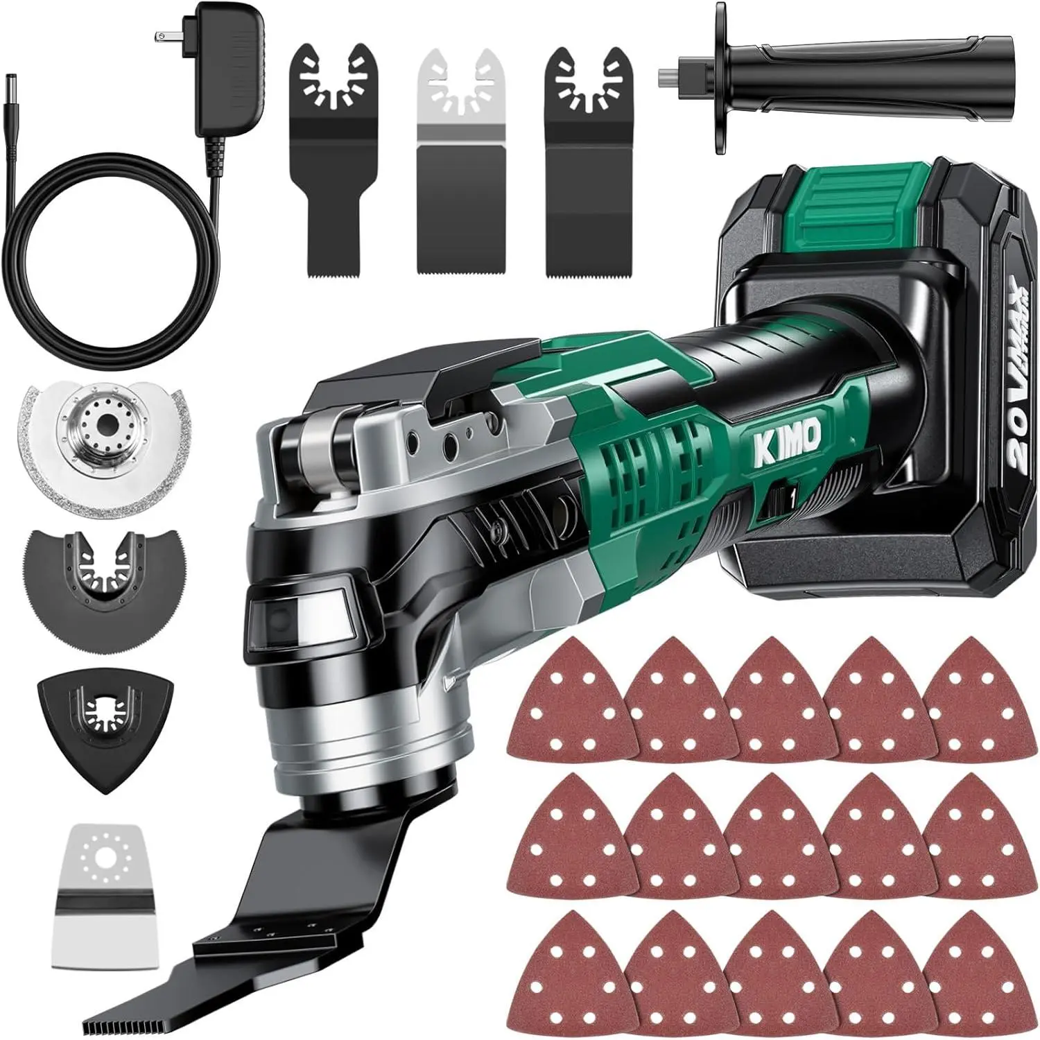 KIMO 20V Oscillating Tool Kit w/ 26Pcs Accessories, Max 21000 OPM, 6 Speeds & 3°Oscillating Angle, LED Light, Battery Powered Oscillating Multi-Tool for Cutting Wood/Nailing/Scraping/Sanding