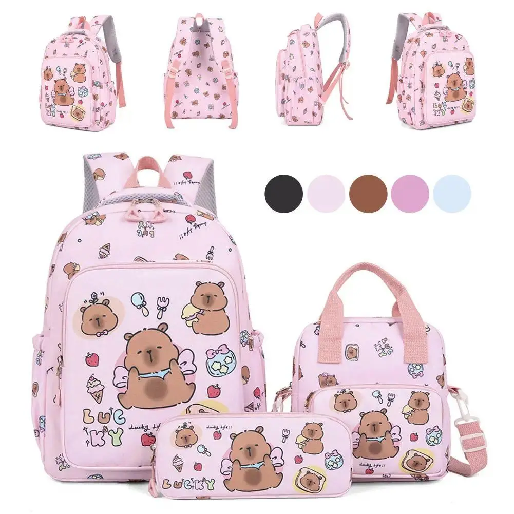 3Pcs Set Pack Unisex Kawaii Capybara Backpack - Cute Animal Graphic Backpacks, Large Capacity, Nylon, Lightweight, Teenager Fashion Rucksack