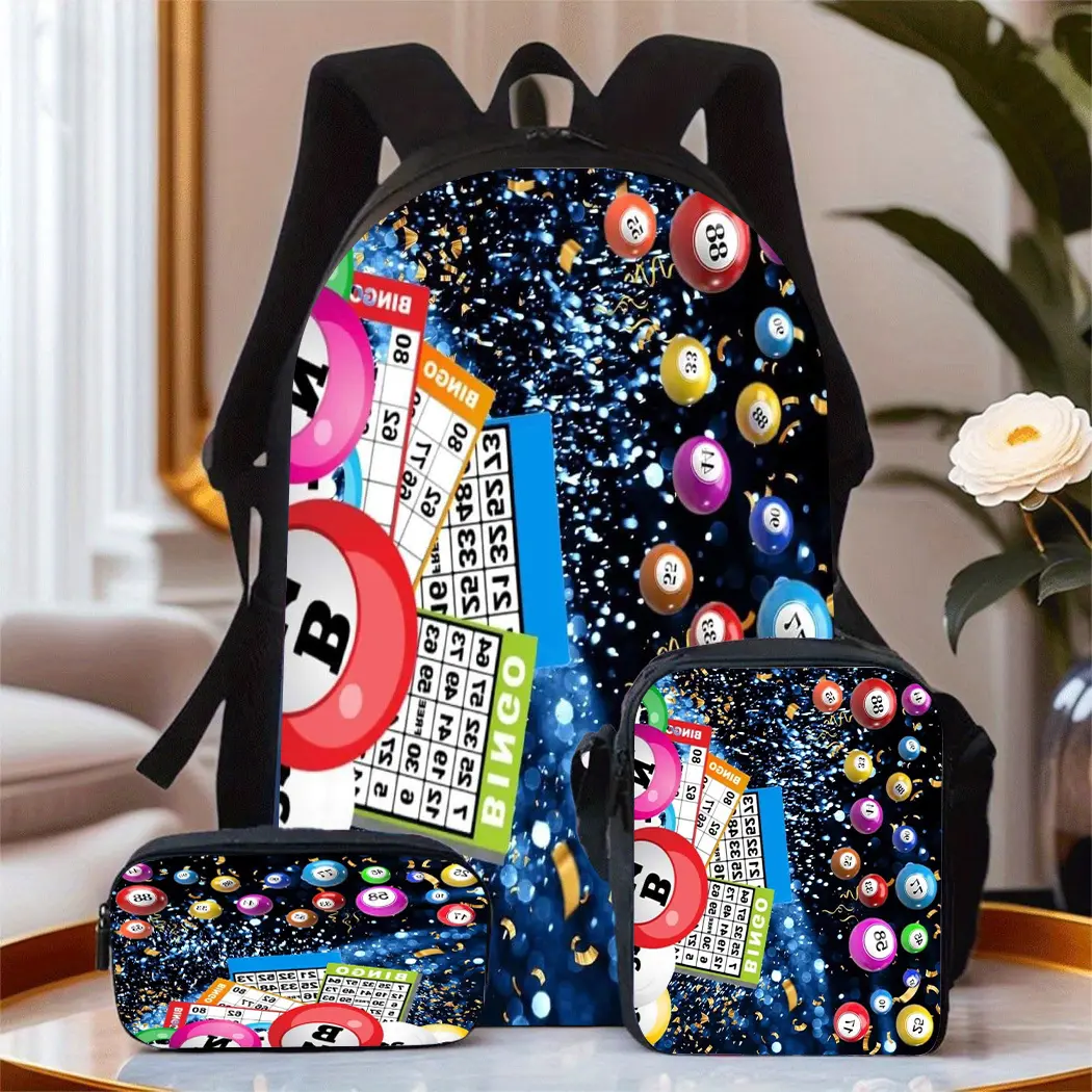 The spring semester back-to-school set includes three items: a unisex backpack with a bingo theme, a pencil case, and a crossbody bag. It features stylish handle prints and a spacious laptop compartment