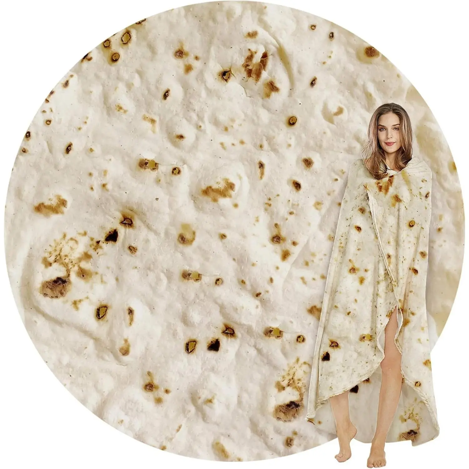 Burritos Tortilla Blanket, Realistic Food Wrap Blanket Double Sided, Novelty Funny Tortilla Round Soft Blankets (Beige, 47 inches)