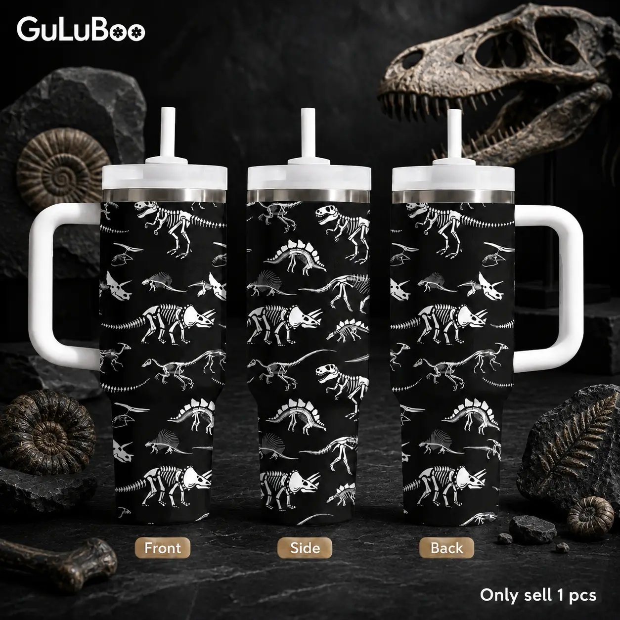 Dinosaur Skeleton Seamless Pattern 40oz Stainless Steel Tumbler with Handle & Straw, Insulated Drinkware – Vacuum Insulated Travel Mug, Keeps Drinks Cold Up to 24H, Leak-Resistant Cup for Iced Coffee, Gym, Office & Travel Tumbler