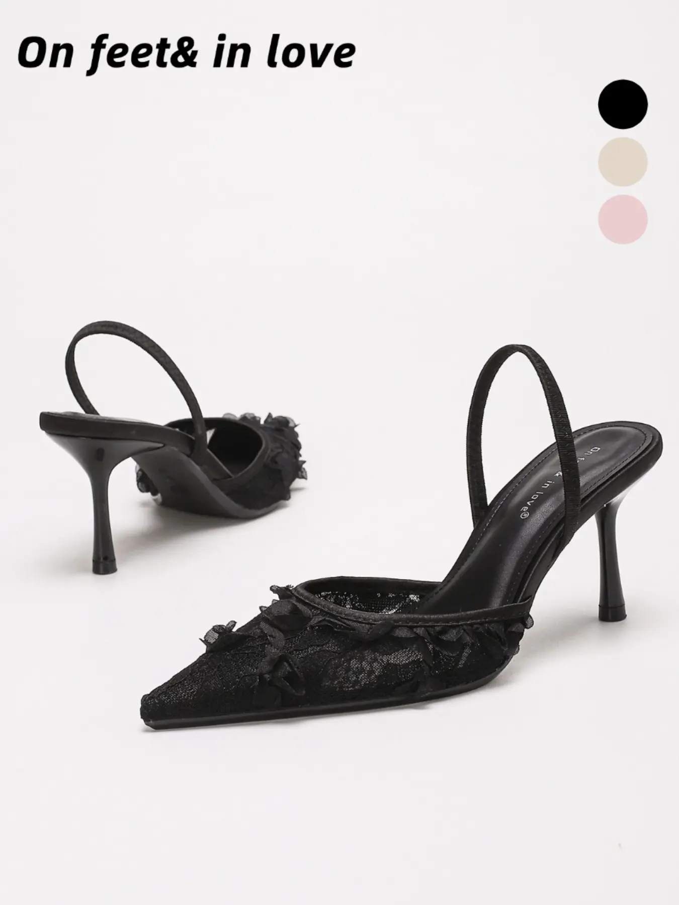 Women's soft sole high heel Sheer Floral Lace 3D Rose Applique Pointed Toe Slingback Stiletto Heels, Fancy Sandals, Thin Elastic Back Strap Slip On Non Slip Cushioned Formal Pumps for Wedding Bridesmaid Date Night Cocktail Evening Party Outfits