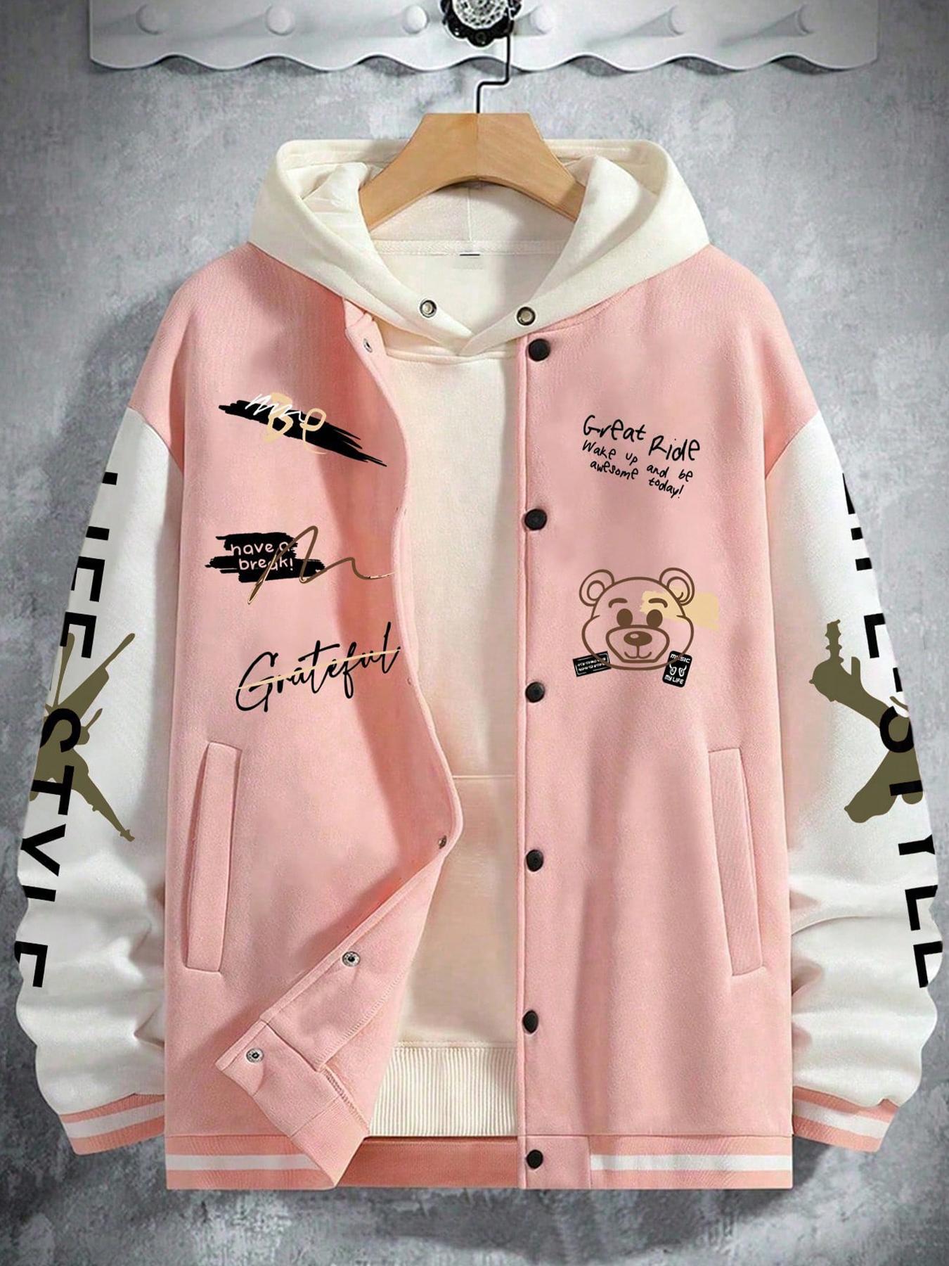 Men's Cartoon Bear & Letter Print Drop Shoulder Varsity Jacket without Inner Top, Loose Casual Preppy Style Long Sleeve Pocket Button Front Outerwear for Daily Wear, Men's Clothes for All Seasons Casual Fashion Jacket