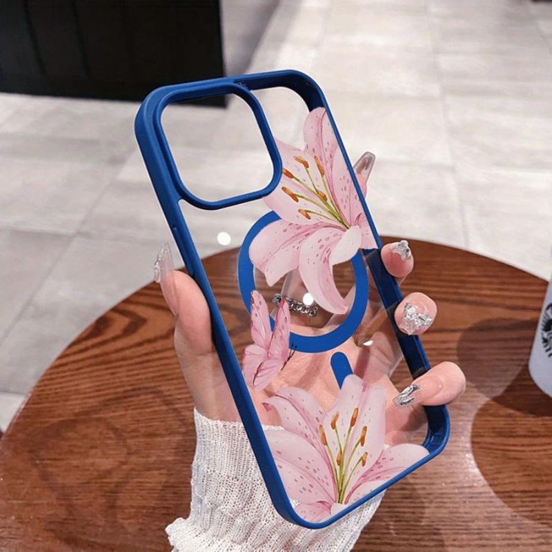 Pink Lilies Magnetic Phone Case for iPhone 17/16/15/14/13/12 Pro Fashionable Pattern Design Transparent Shockproof Classic Gift Ultra-Thin Protective Smartphone Cover Lotus