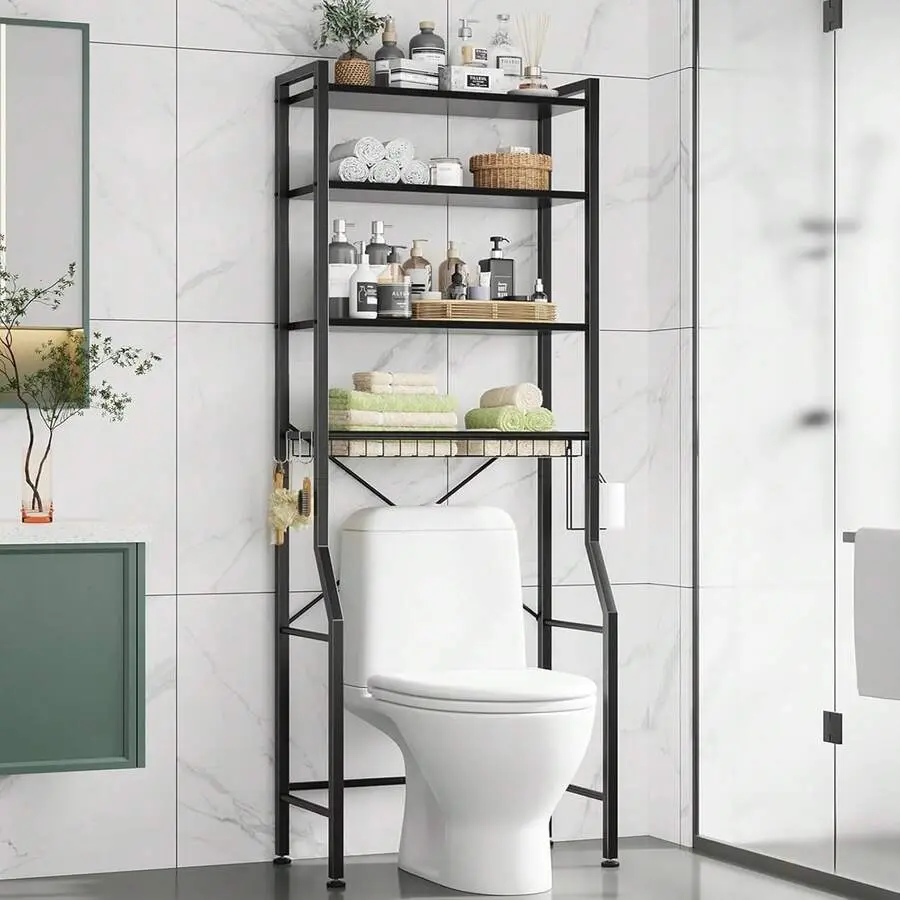 Over-The-Toilet Storage Rack, 4-Tier Freestanding Bathroom Organizer Shelf Over Toilet With Adjustable Shelf And, Space Saver Above Toilet Storage Cabinet With 3 Hooks Rooms