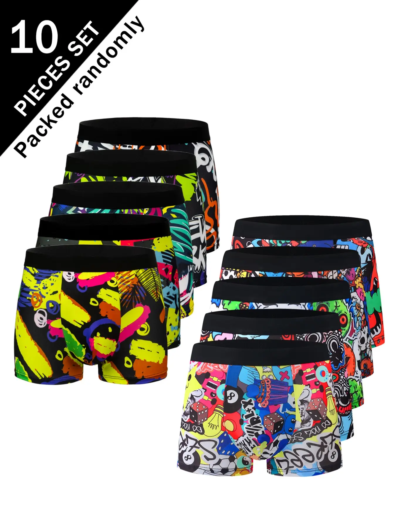 10-Pack Colorful Graffiti Smile Print Men's Boxer Briefs, Soft High-Elastic Mid-Waist Trendy Youth Cartoon Trunk Shorts, Random Patterns, Streetwear Underwear