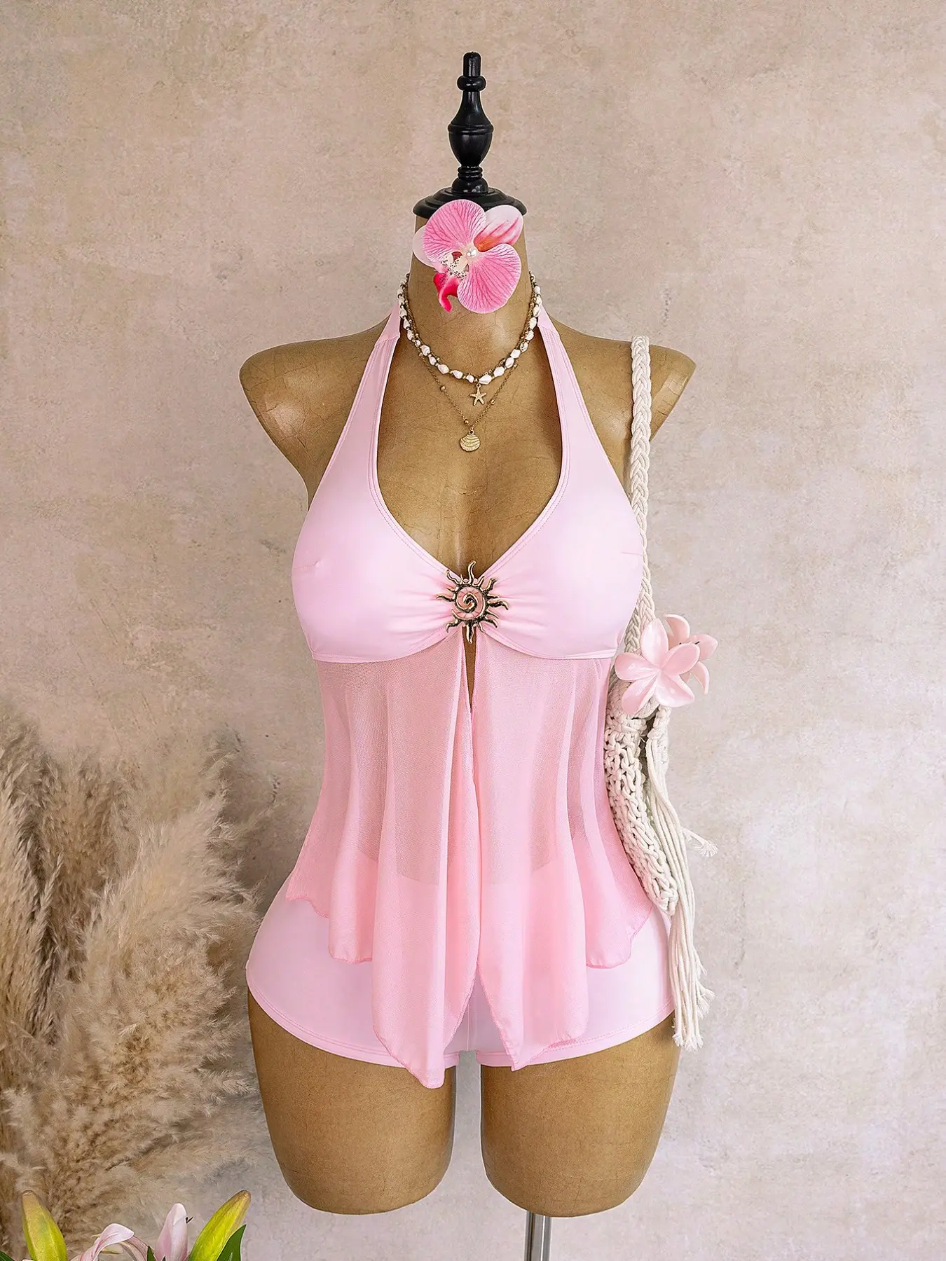 Women's Summer Halter V-Neck Mesh Skirt Swimsuit with Sunflower Design Button, Split Beach Vacation Swimwear with Tummy-Slimming Coverage, Beach Party Swimsuit, Swim Suit with Skirt, Ladies Summer Swimsuit, Beachwear Swimsuits, Skirted Swimsuit