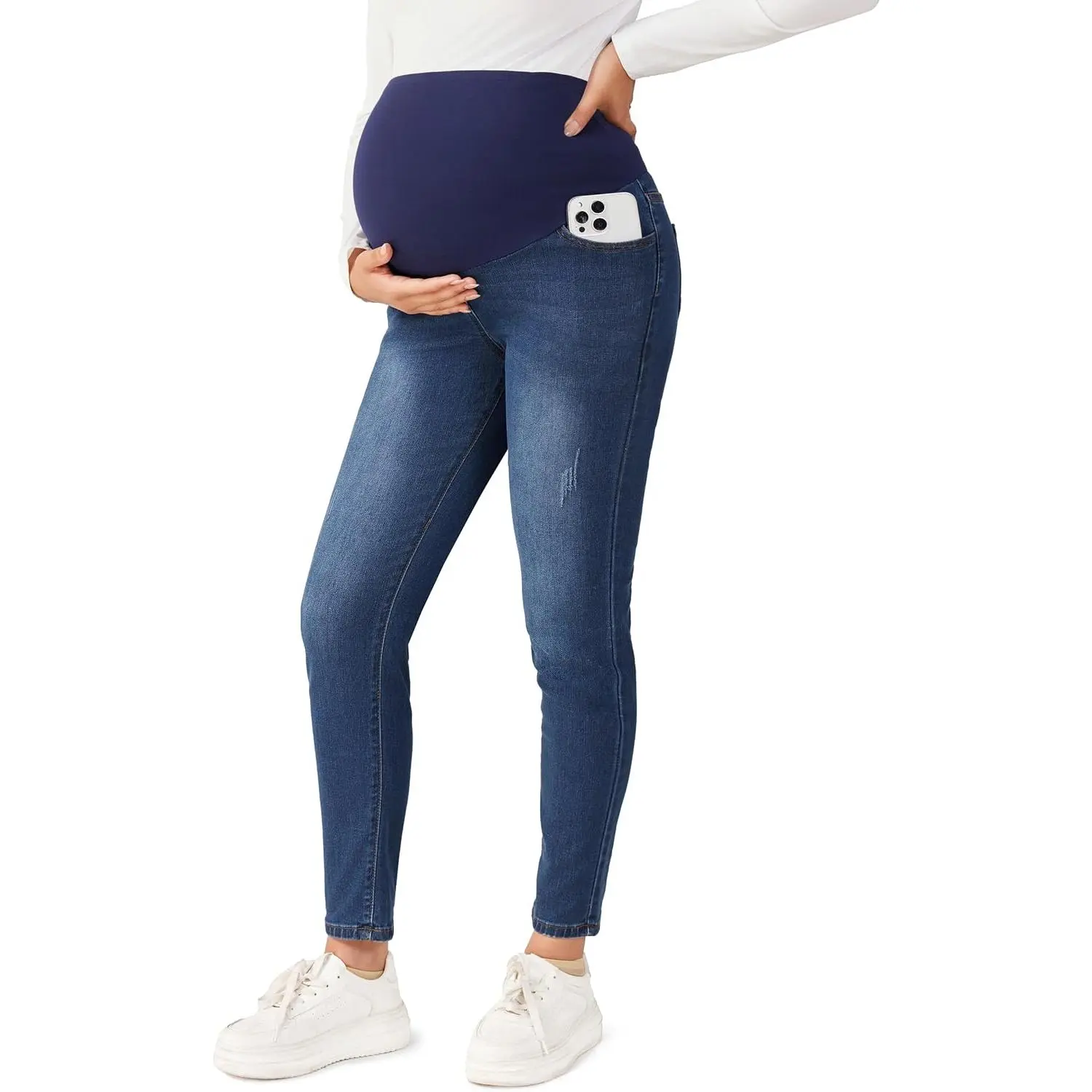Women's Maternity Jeans - Stretchy Skinny Wash Denim Pants with Slim Waistband, Skin-Friendly, Casual Wear, Straight Leg Option, Comfy Pockets