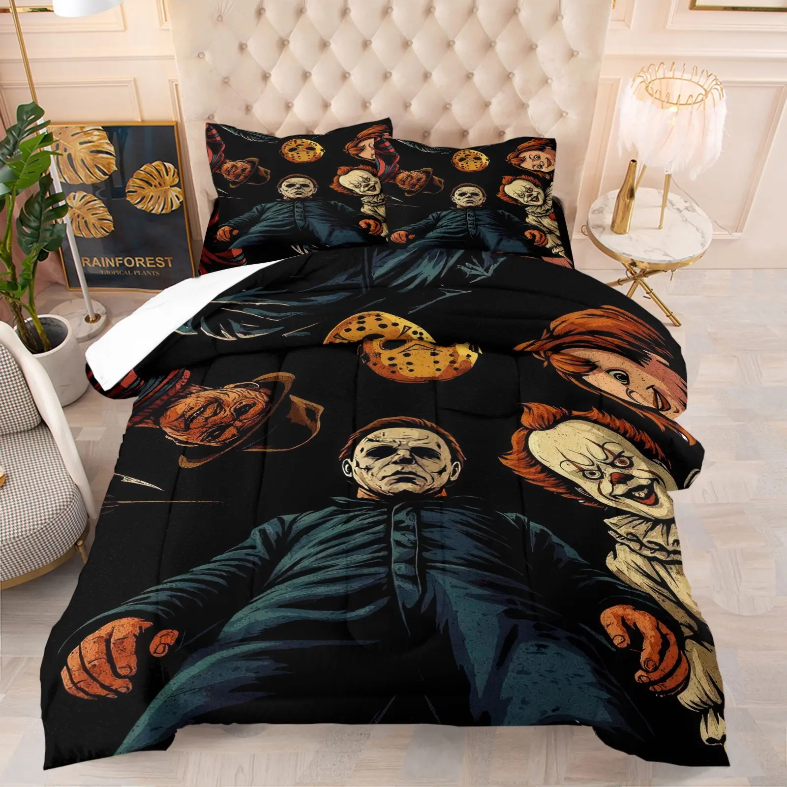 Classic Horror Villain Ensemble Dark Comforter Set, 1 Quilt and 1-2 Pillowcases, Retro Comic Texture with Cool Color Palette, Cozy Warm Four Seasons, Halloween or Horror Movie Fan Bedroom Dorm Decor