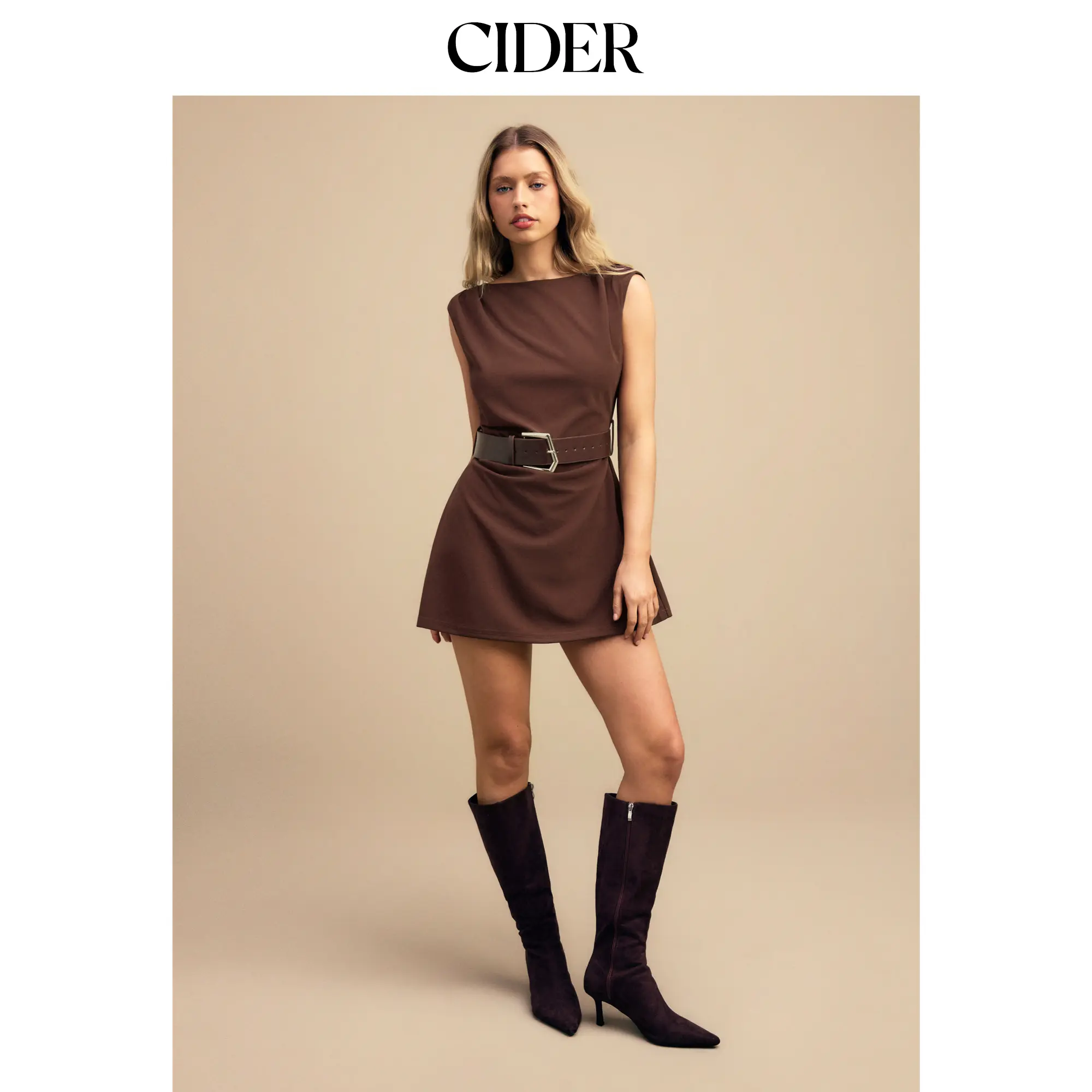 Cider Boat Neck Ruched Belted A-line Mini Dress SohoChic