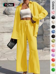 two-piece set women's solid button front shirt & wide leg pants set, casual long sleeve top & palazzo pants, women's spring clothes for daily wear, womenswear