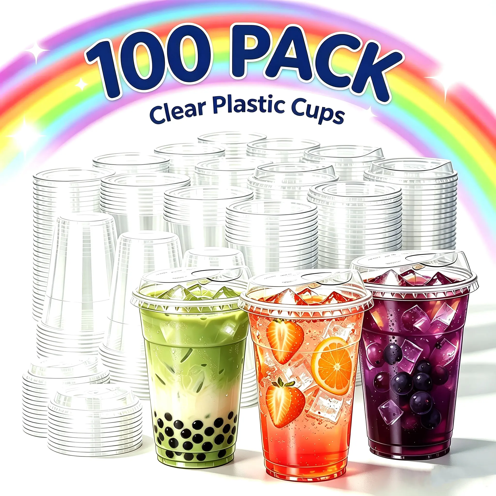 100/50 Pack Disposable Iced Coffee Cups, 16oz/20oz/24oz Sturdy Plastic Cups with Lids & Straws, BPA-Free Clear Cold Drink Cups for Parties, Picnics, Home, Summer Beach Camping Supplies