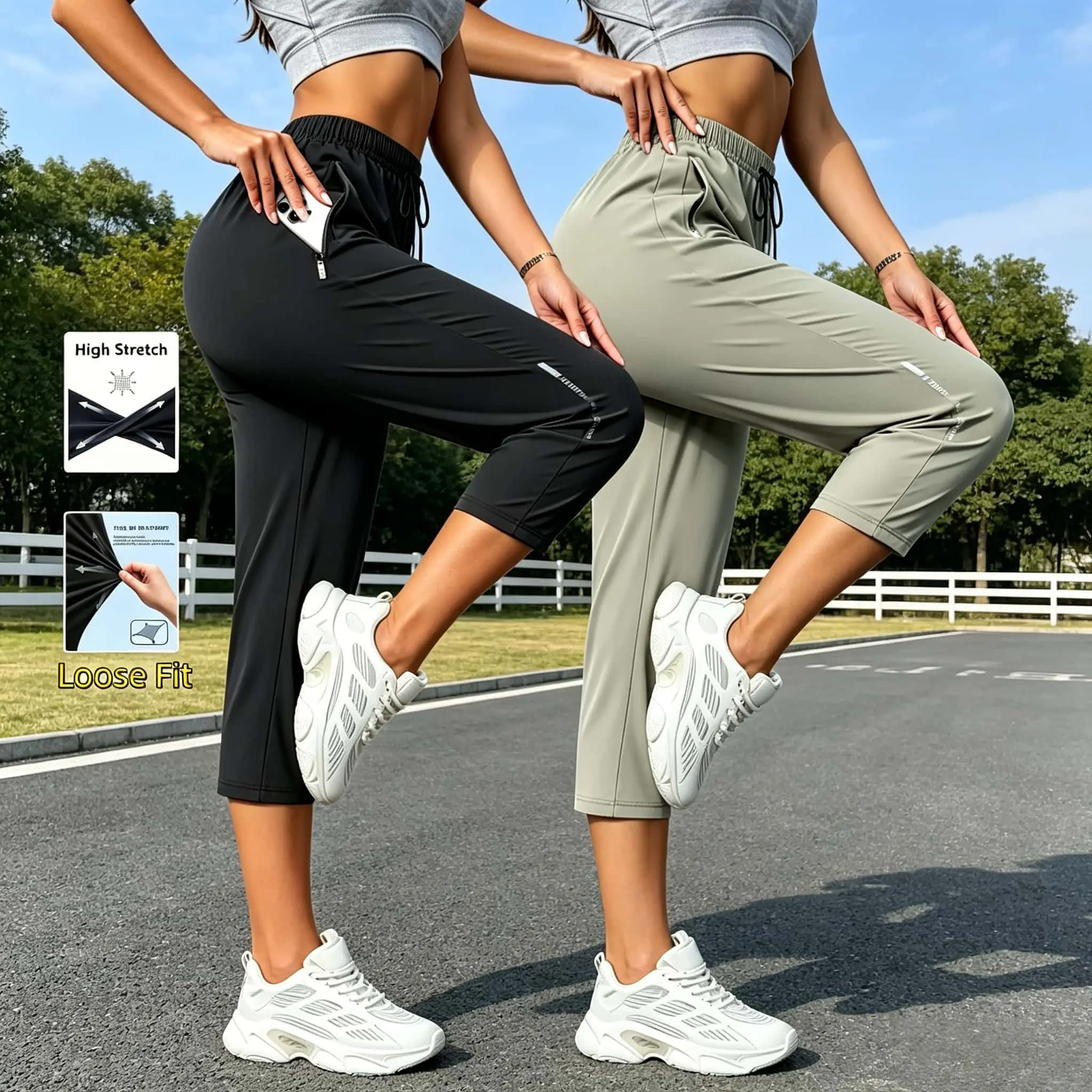 2 Pack Women Ice Silk Cropped Joggers, Cooling Breathable Stretch Loose Capri Pants with Zipper Pockets Drawstring Waist, Summer Athleisure Workout Casual Lounge Pants OOTD