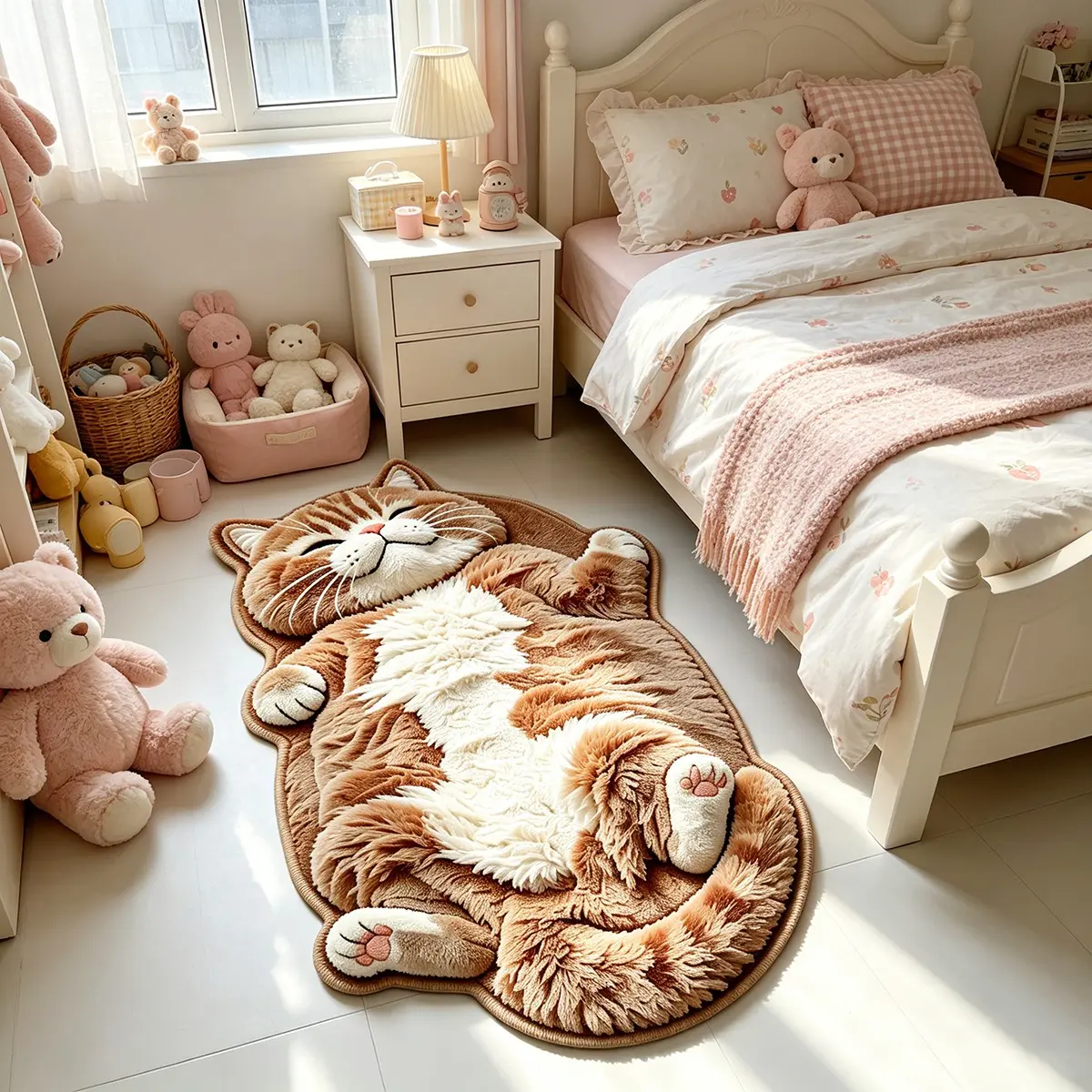 3D Plush Lying Cat Pattern Rug, Fluffy Bedroom Rug, Creamy Bedroom Bedside Decor Mat, Korean Style Window Seat Blanket, Washable Sofa Side Carpet, Machine Washable Rug
