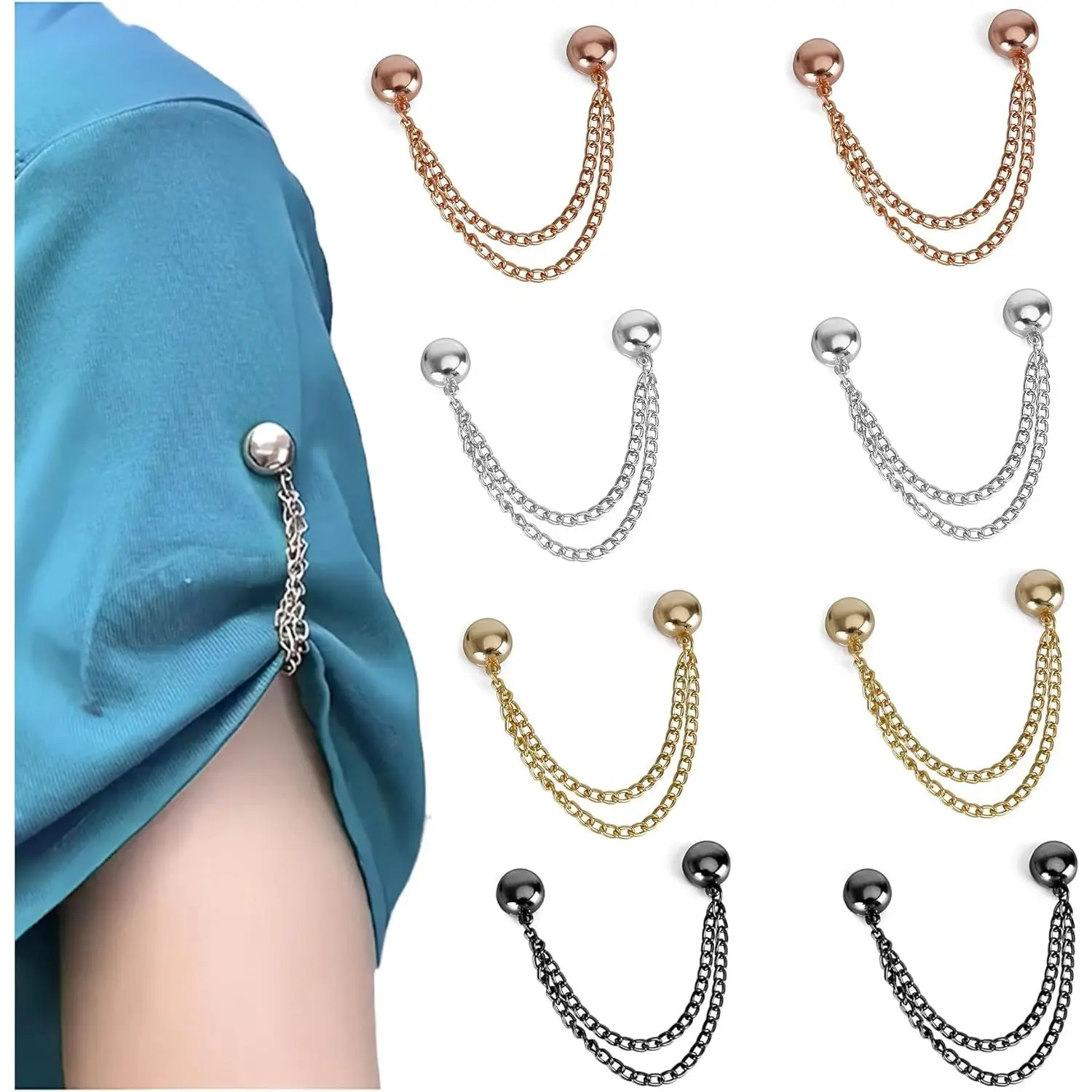 8 Pack Magnet Clothing Pins, Metal Magnetic Clips – Instant Garment Tailoring Solution |       Secure Shirt Hem Adjuster, Sleeve Cinch Clip T-Shirts/Blouses/Dresses, Hijab & Scarf Holder with Chain