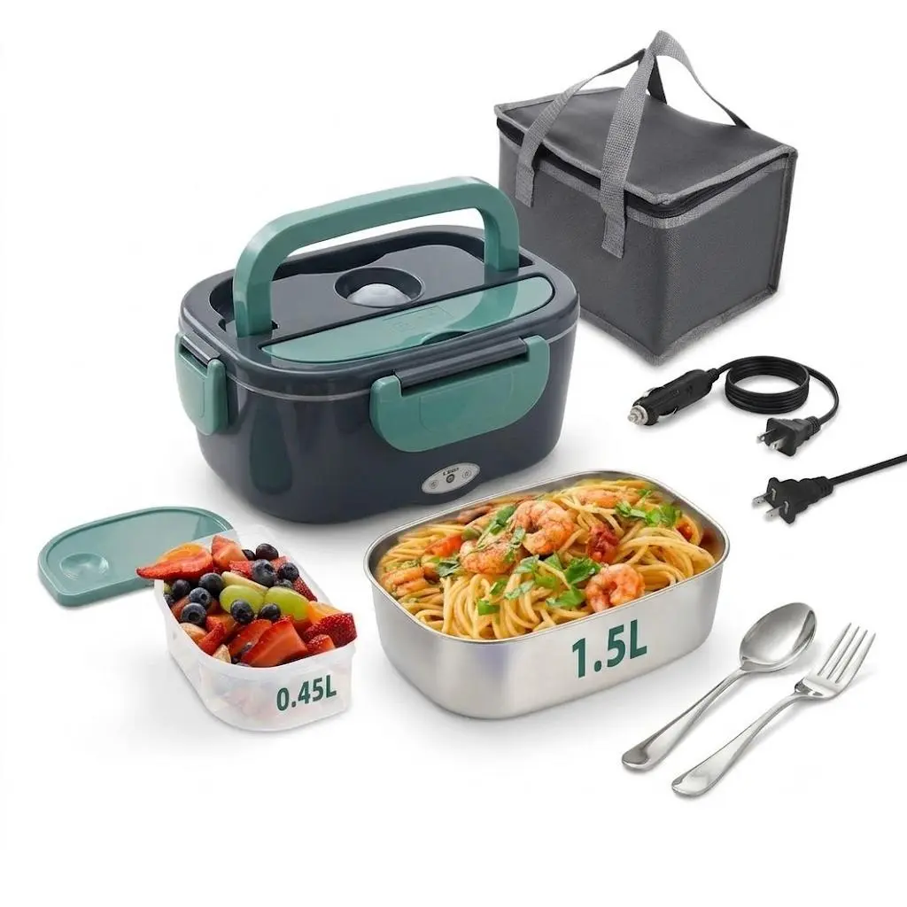 Portable Insulated Heating Student Lunch Box. Hot Food Waterless Heating Rice Box - 50.72oz Stainless Steel Container Soup Pot, Fruit Box, Leak-Proof Stainless Steel Container with Car Plug (12V/24V), Suitable for Cars and Trucks, Includes Spoon