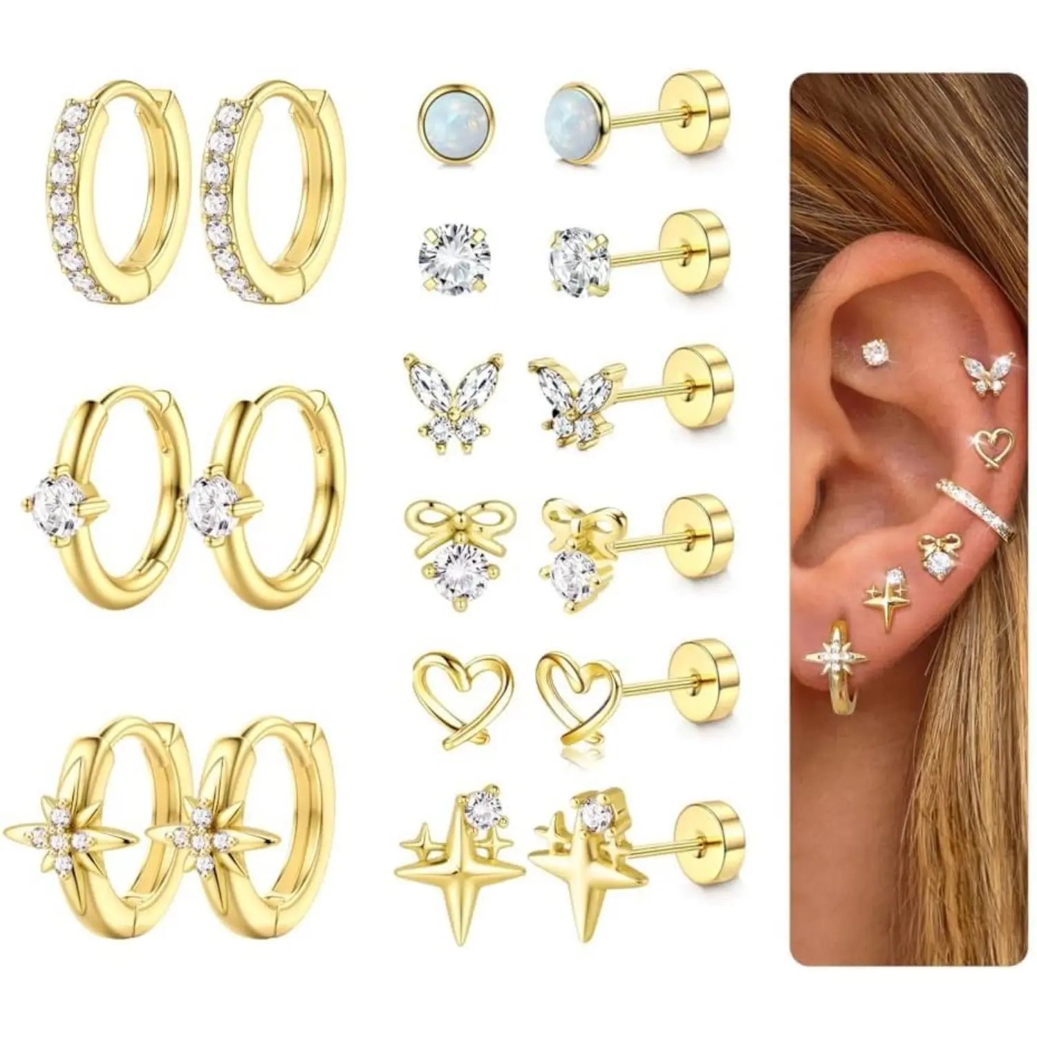 Hypoallergenic Flat Back Earrings for Women Men Surgical Steel Earring for Sensitive Ears, 14K Gold Plated Stainless Steel Flatback Stud Hoop Cartilage Earring Stacks for Multiple Piercing