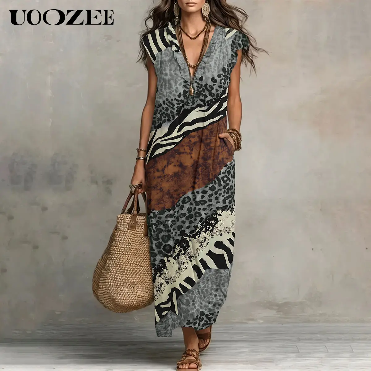 UOOZEE Women's Maxi Dress, Flowy Mixed Animal Print Ruffle V-Neck, Lightweight Polyester Gown for Vacation with Pockets, Bag, Garments, Party, Blazer, Accessories, Vibe, Oversized, Baggy, Tropical, Hoop, Smart Casual, Island