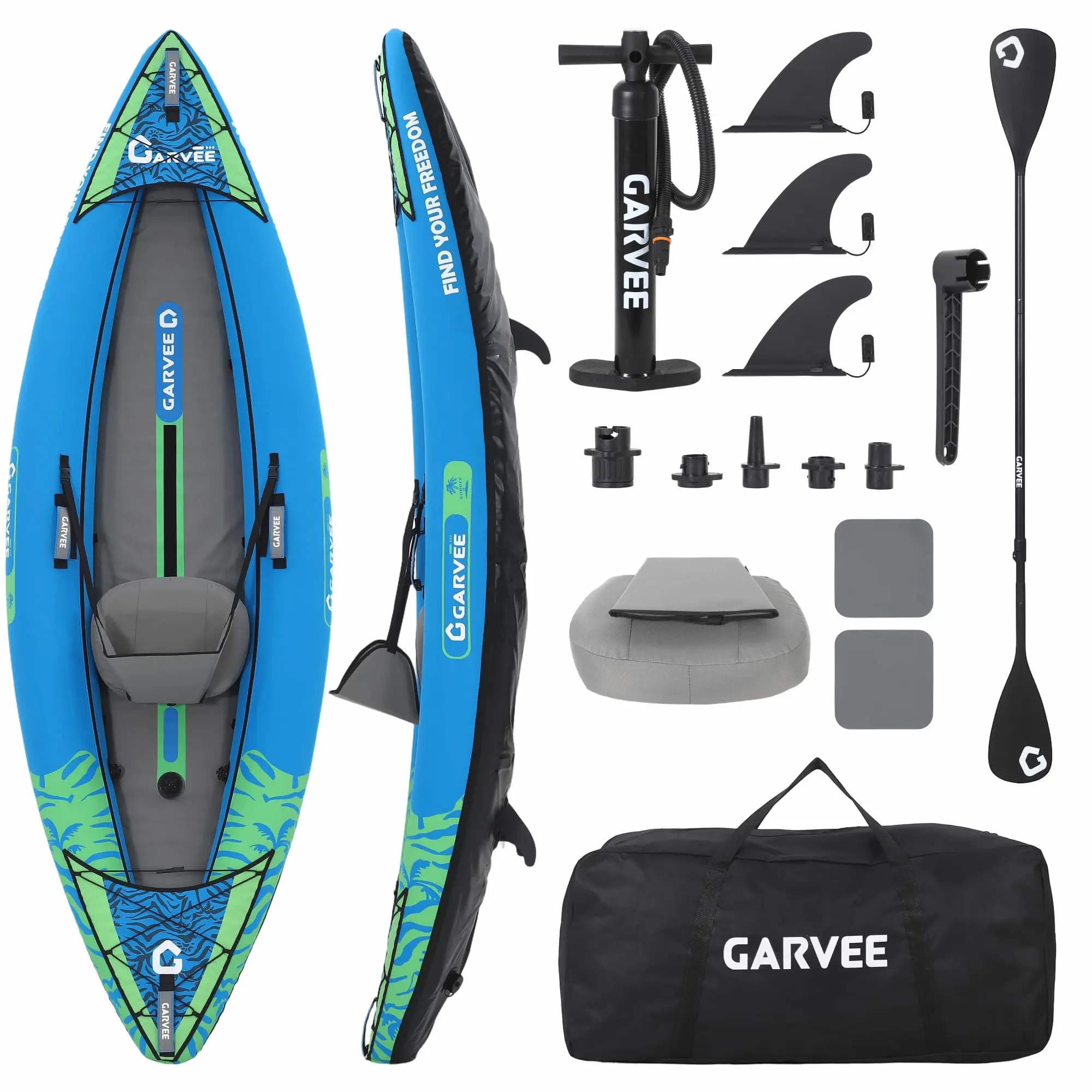 Single Person Stable Inflatable Kayak, Durable Solo Fishing Kayak with Padded Seat, 3 Fins, Hand Pump, Repair Kit & Carry Bag for Lake River Outdoor Water Sports