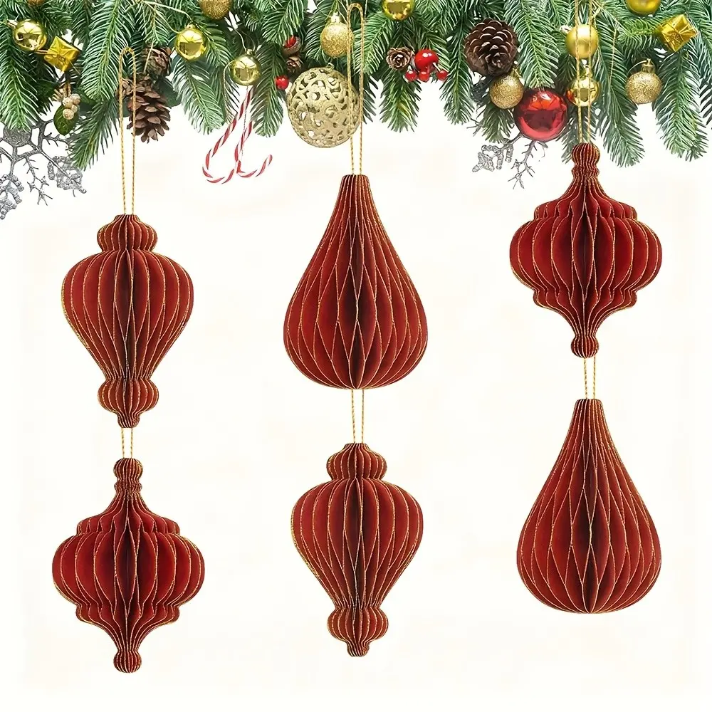 6pcs Honeycomb Christmas Tree Ornaments, 3D Mini Glitter Edge Paper, Hanging Decors for Wedding, Bridal Shower, Birthday, Festival, Holiday Party Decor