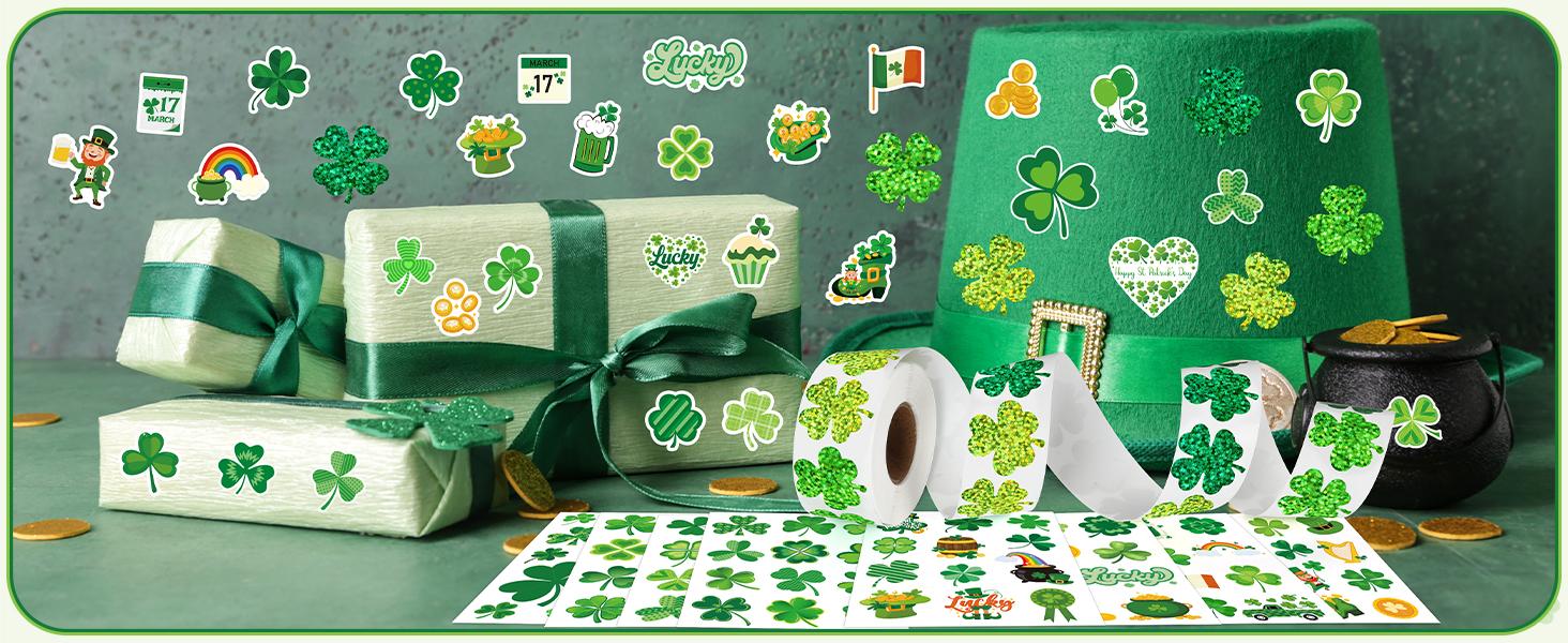 600 Pcs St Patricks Day Stickers, Glitter Shamrock Stickers Roll Green Lucky Sparkly Four Leaf Clover Sticker for Irish Holiday Party Favors Supplies St Patricks Day Decorations Accessories Craft Gift