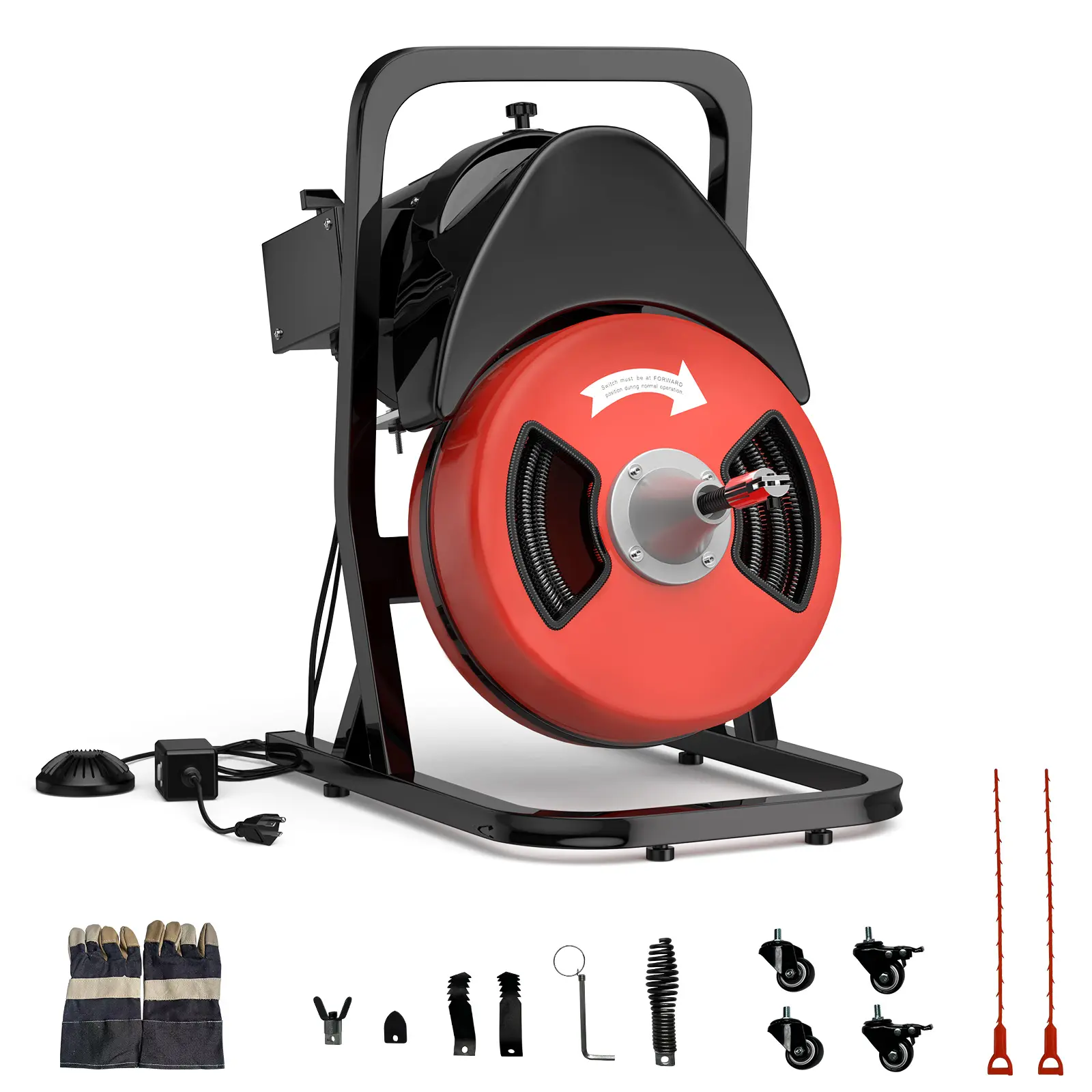Professional Electric Drain Cleaner Machine, 50FT x 1/2 Inch Heavy Duty Sewer Snake Auger, 250W/450W Motor with Auto-Feed System, 4 Interchangeable Cutters & Air-Activated Foot Switch, Cleans 1"-4" Drain Pipes