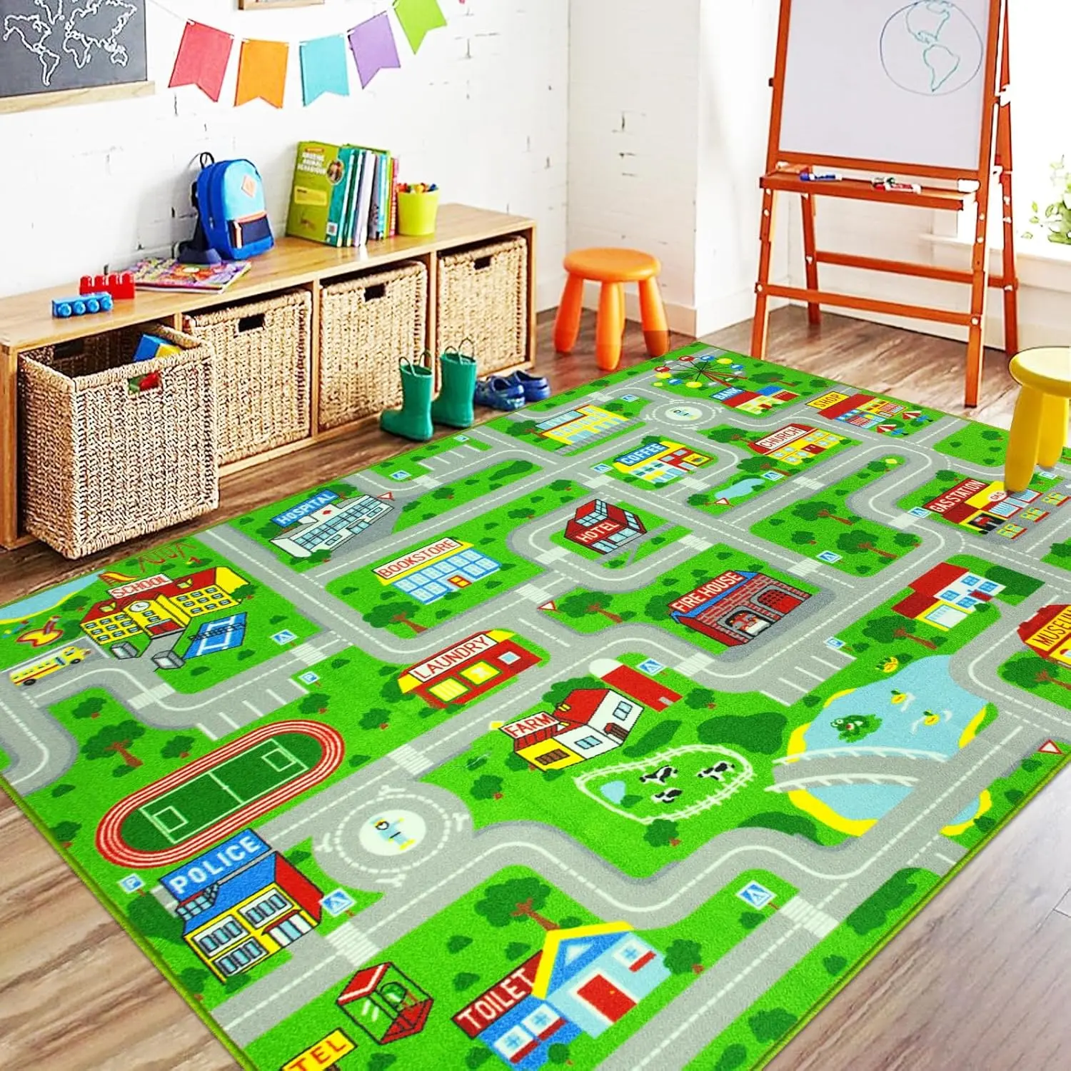 Green Car Road Kid Rug Carpet Playmat  Playoom Traffic Road Kids Play Mat  Toddler Non Slip Washable City Map Race Track Carpet Rug  Kids Room Bedroom Nursery Room Decor,6.6'x5'